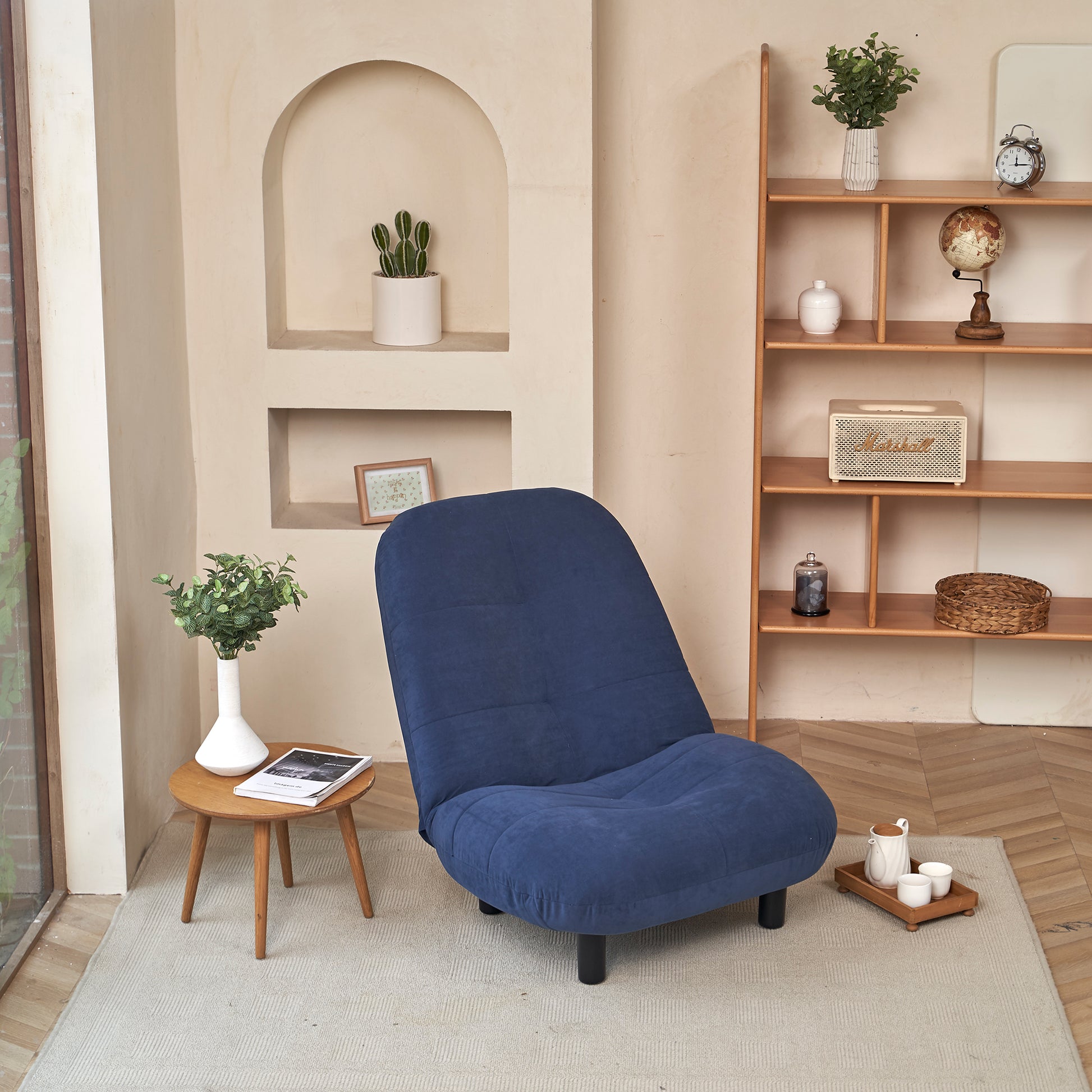 Single Sofa Reclining Chair Japanese Chair Lazy Sofa Tatami Balcony Reclining Chair Leisure Sofa Adjustable Chair Navy Blue Cotton Metal
