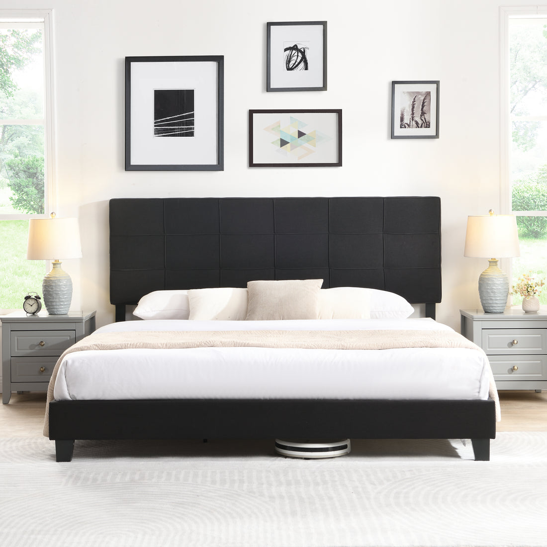 King Size Upholstered Platform Bed Frame With Linen Fabric Headboard, No Box Spring Needed, Wood Slat Support, Easy Assembly, Black Black Fabric