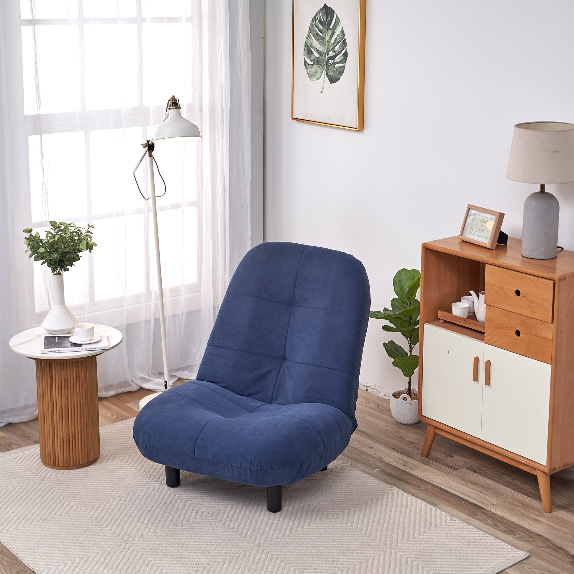 Single Sofa Reclining Chair Japanese Chair Lazy Sofa Tatami Balcony Reclining Chair Leisure Sofa Adjustable Chair Navy Blue Cotton Metal