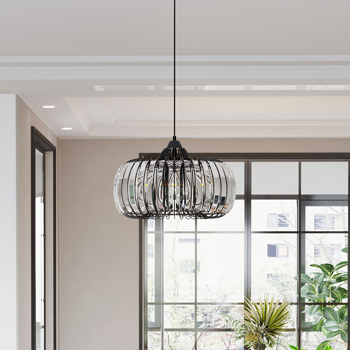 Modern Oblate Black Crystal Chandelier Fixture, Ceiling Pendant Light For Living Room, Bedroom, Kitchen, Dining Room, Hallway, Adjustable Color Temperature, Dimmable, 120V, E26, W16.5*L31.5 Matt