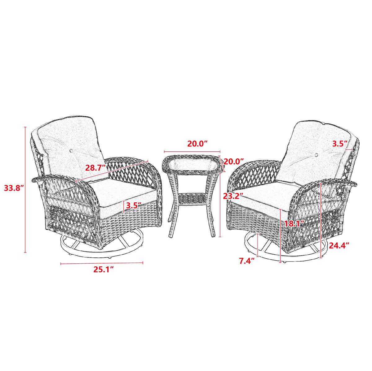 3 Pieces Outdoor Swivel Rocker Patio Chairs, 360 Degree Rocking Patio Conversation Set With Thickened Cushions And Glass Coffee Table For Backyard, Khaki Khaki Steel