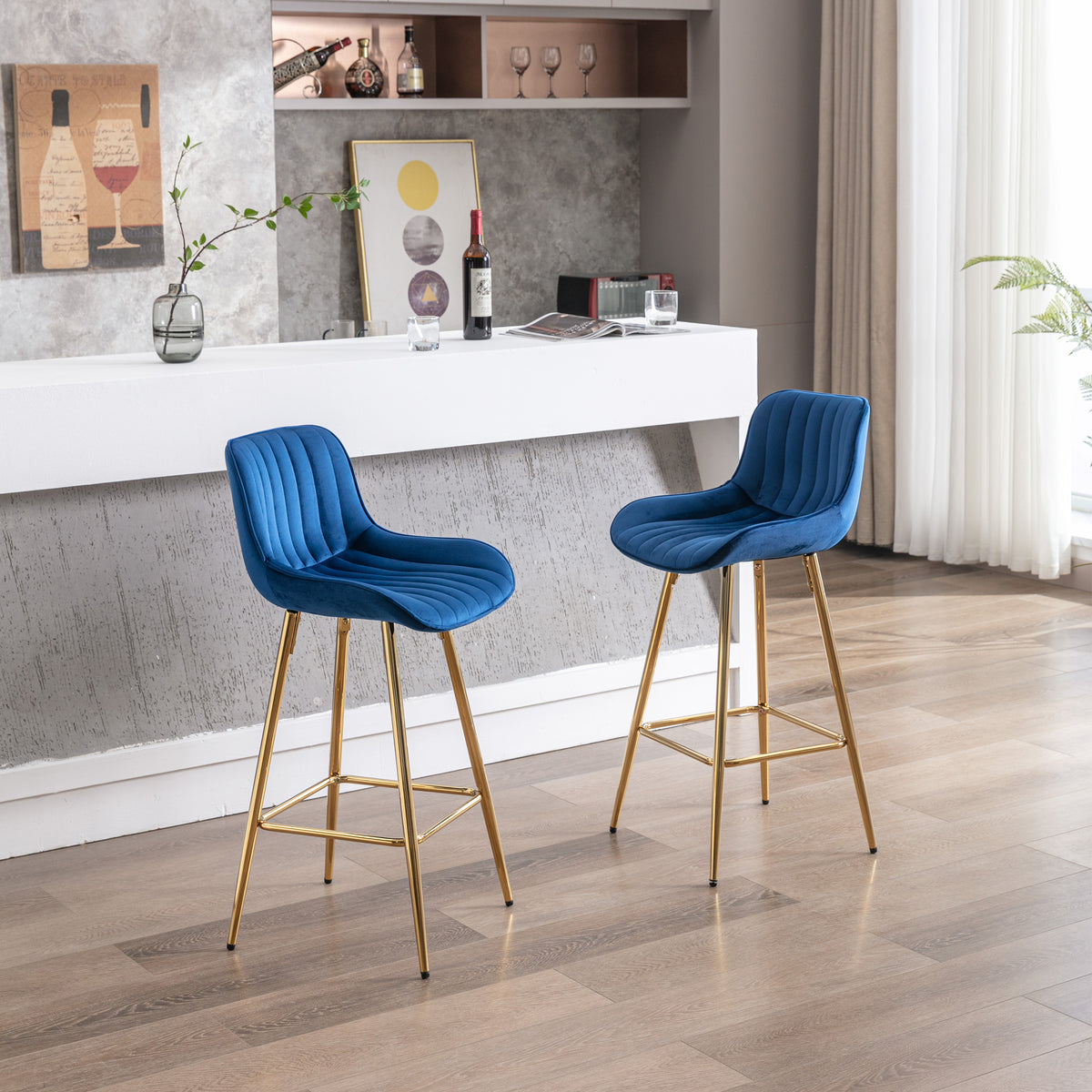26 Inch Set Of 2 Bar Stools,With Steel Frame Footrest Velvet Fabric Golden Leg Simple Bar Stool,Blue Blue Foam Fabric