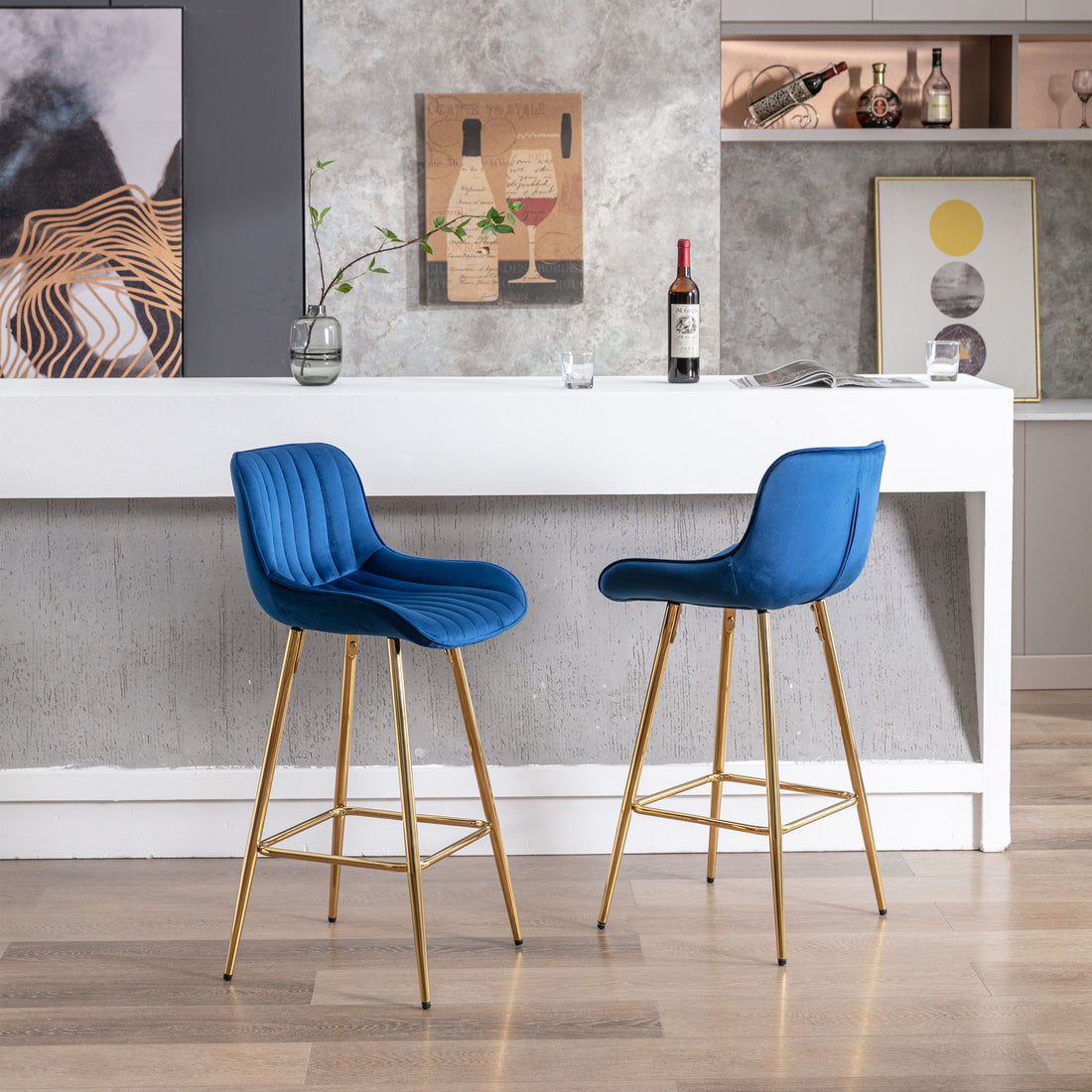 26 Inch Set Of 2 Bar Stools,With Steel Frame Footrest Velvet Fabric Golden Leg Simple Bar Stool,Blue Blue Foam Fabric