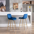 26 Inch Set Of 2 Bar Stools,With Steel Frame Footrest Velvet Fabric Golden Leg Simple Bar Stool,Blue Blue Foam Fabric