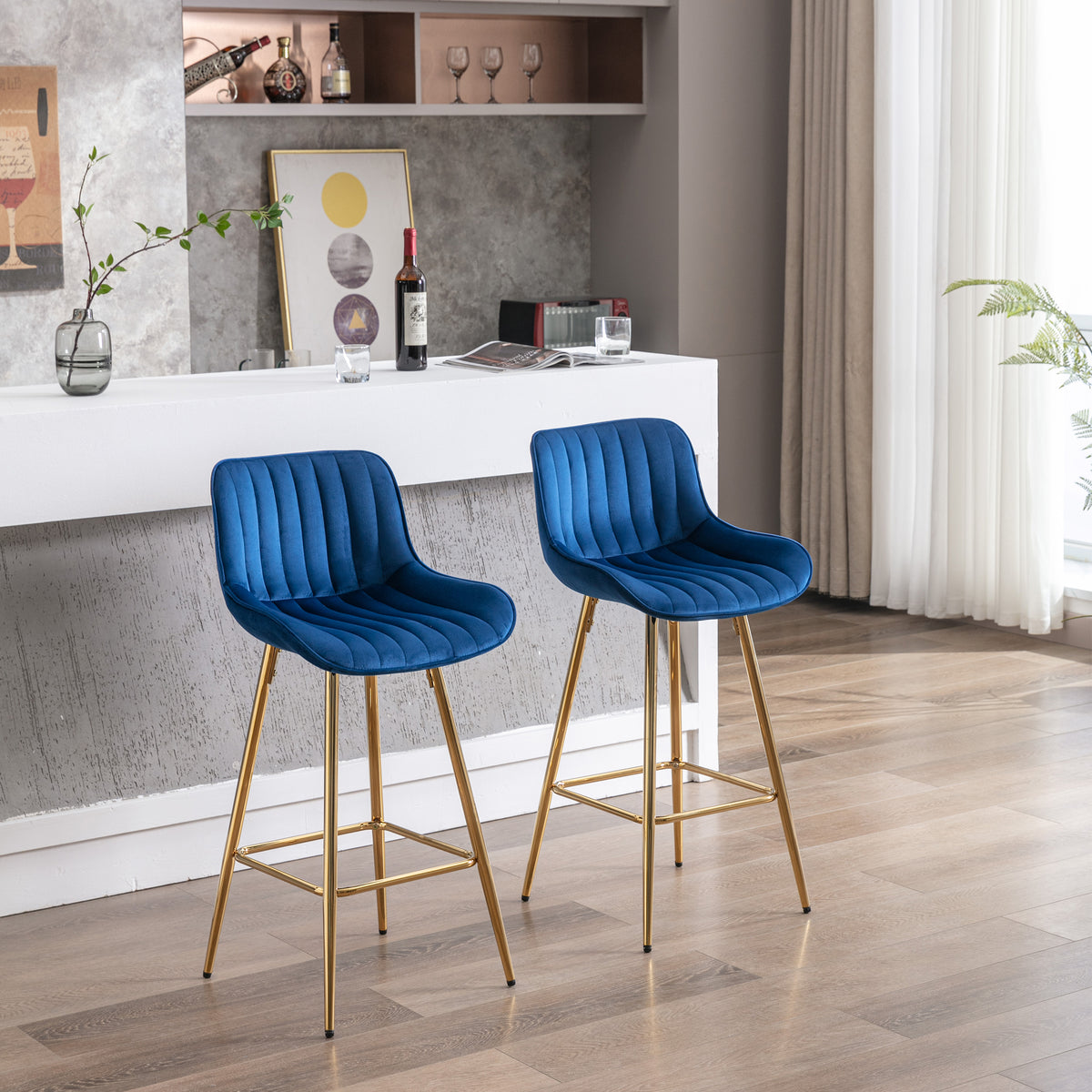 26 Inch Set Of 2 Bar Stools,With Steel Frame Footrest Velvet Fabric Golden Leg Simple Bar Stool,Blue Blue Foam Fabric