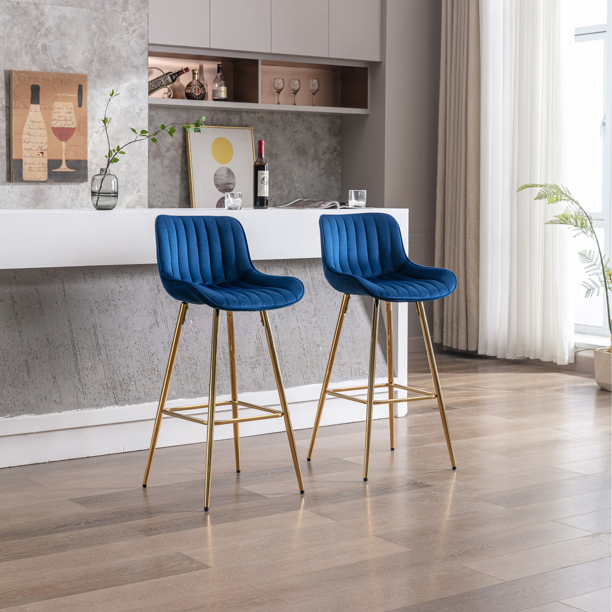 30 Inch Set Of 2 Bar Stools,With Chrome Footrest Velvet Fabric Counter Stool Golden Leg Simple High Bar Stool,Blue Blue Foam Fabric