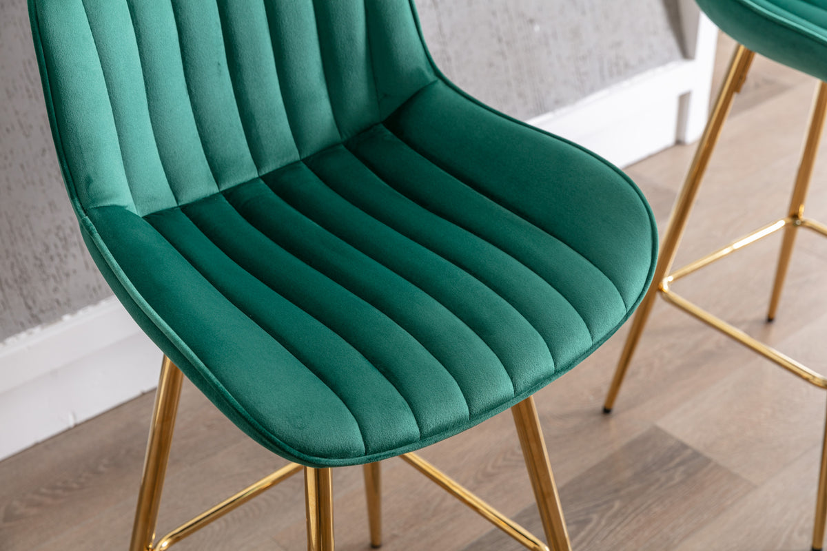 30 Inch Set Of 2 Bar Stools,With Chrome Footrest Velvet Fabric Counter Stool Golden Leg Simple High Bar Stool,Green Green Foam Fabric