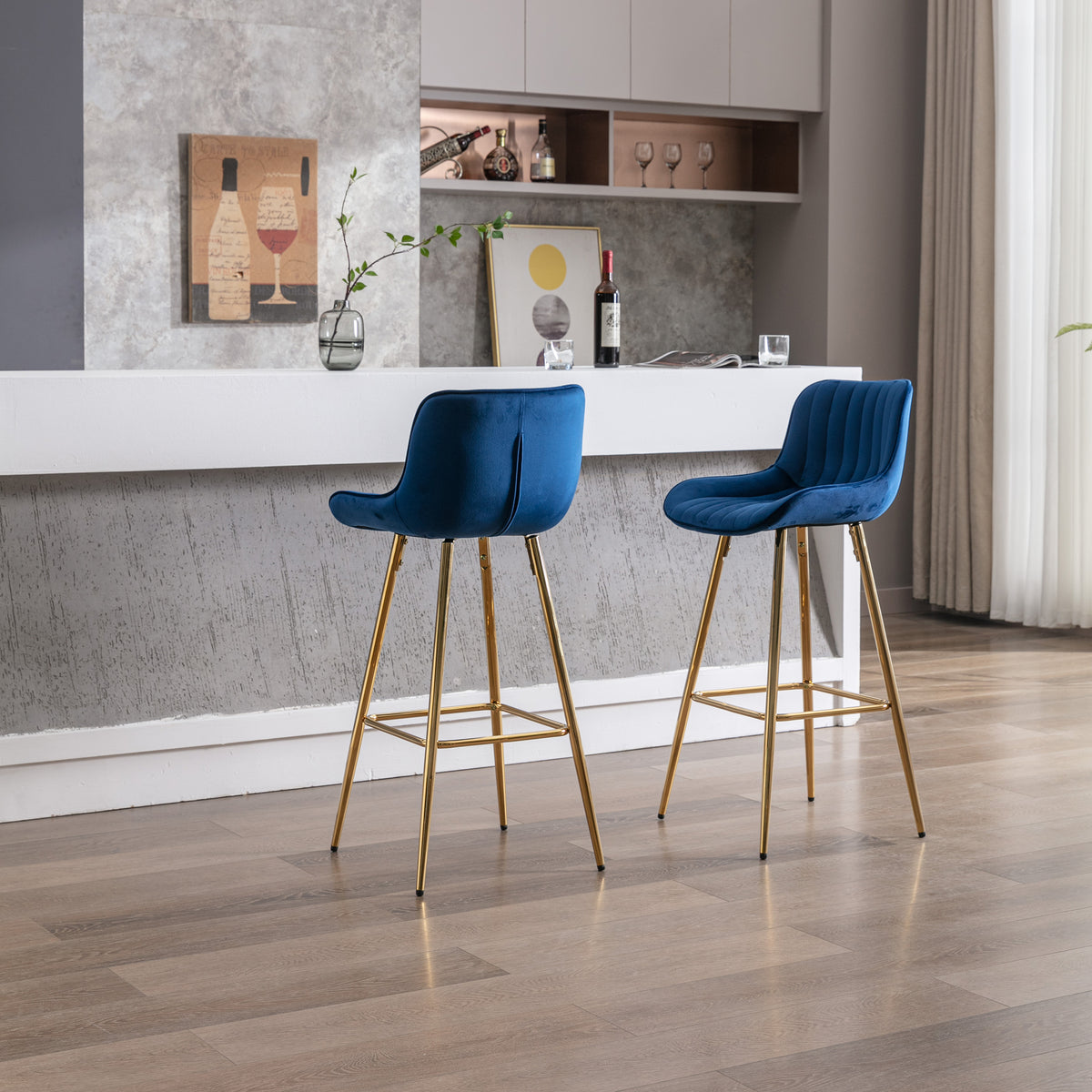 30 Inch Set Of 2 Bar Stools,With Chrome Footrest Velvet Fabric Counter Stool Golden Leg Simple High Bar Stool,Blue Blue Foam Fabric