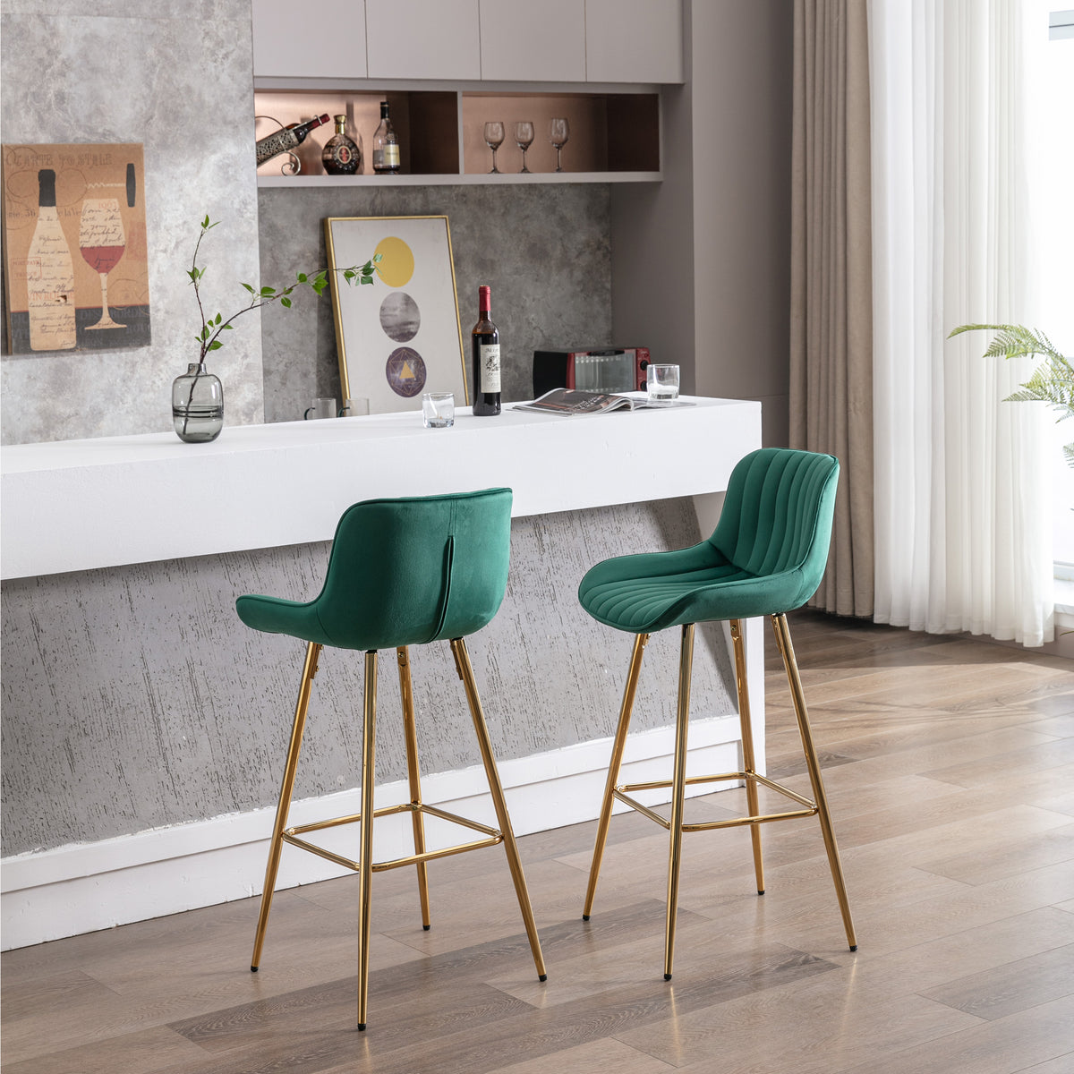 30 Inch Set Of 2 Bar Stools,With Chrome Footrest Velvet Fabric Counter Stool Golden Leg Simple High Bar Stool,Green Green Foam Fabric