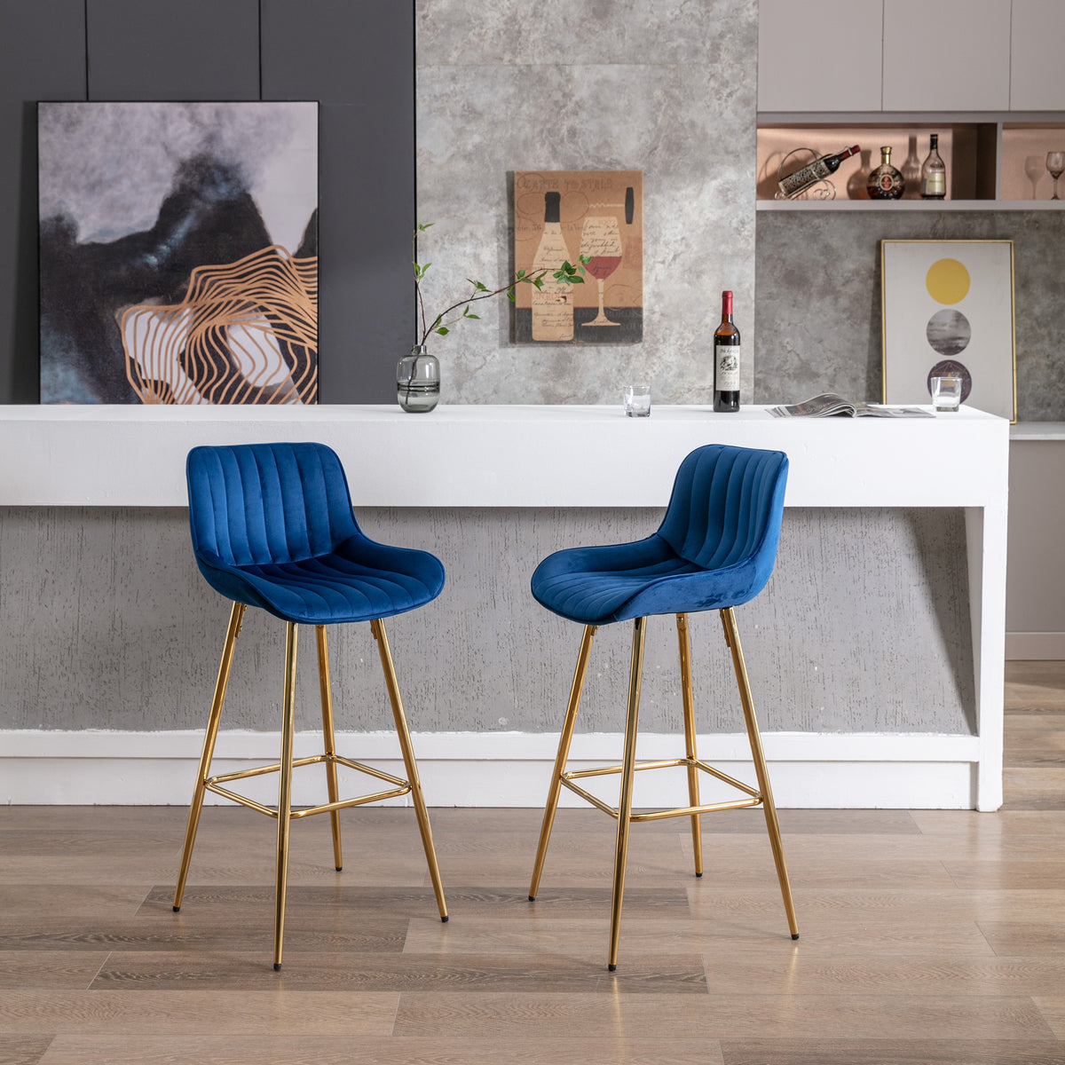 30 Inch Set Of 2 Bar Stools,With Chrome Footrest Velvet Fabric Counter Stool Golden Leg Simple High Bar Stool,Blue Blue Foam Fabric