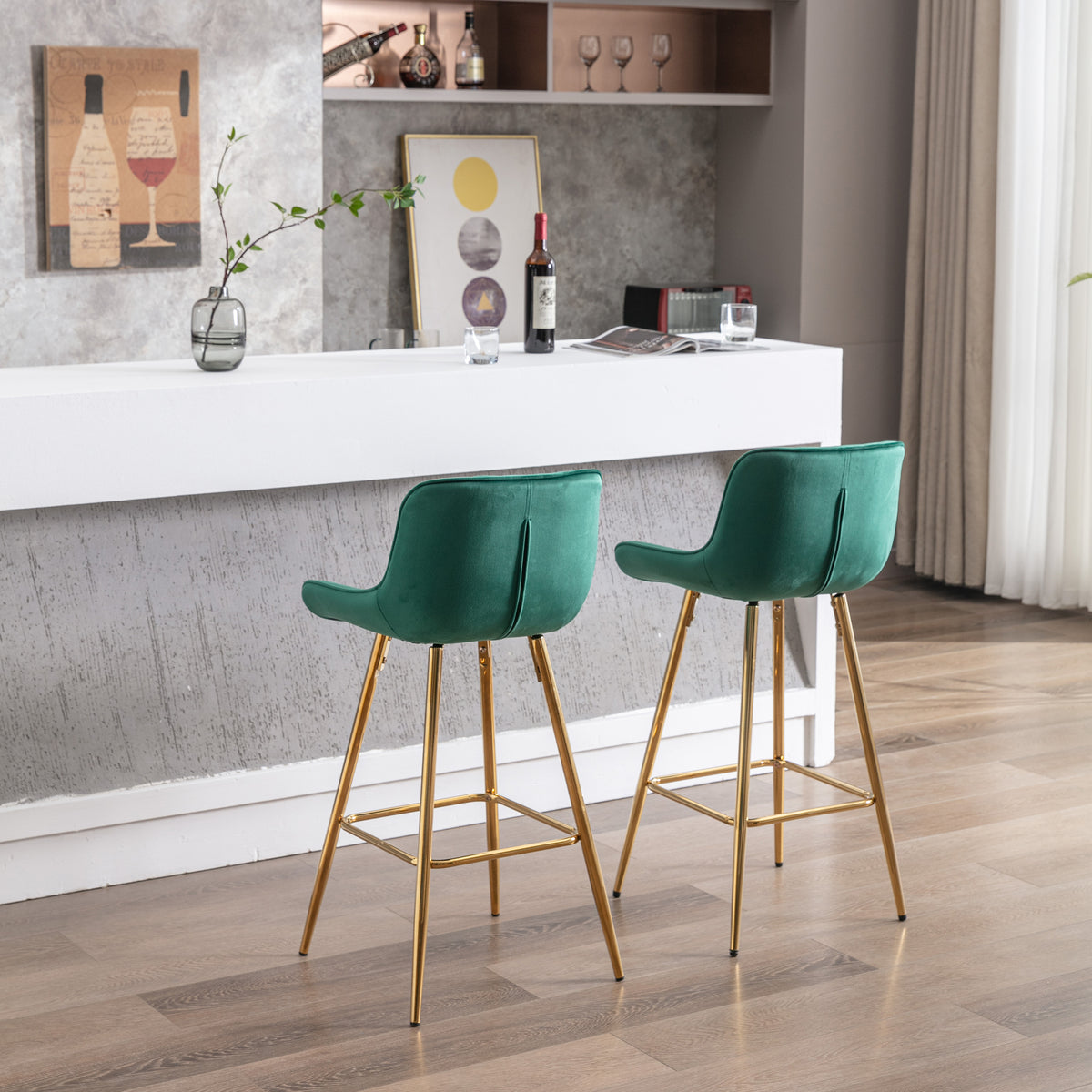 26 Inch Set Of 2 Bar Stools,With Chrome Footrest Velvet Fabric Counter Stool Golden Leg Simple Bar Stool,Green Green Foam Fabric