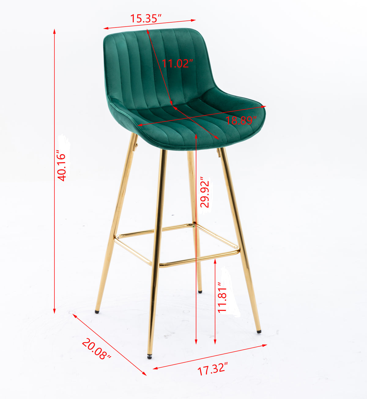 30 Inch Set Of 2 Bar Stools,With Chrome Footrest Velvet Fabric Counter Stool Golden Leg Simple High Bar Stool,Green Green Foam Fabric