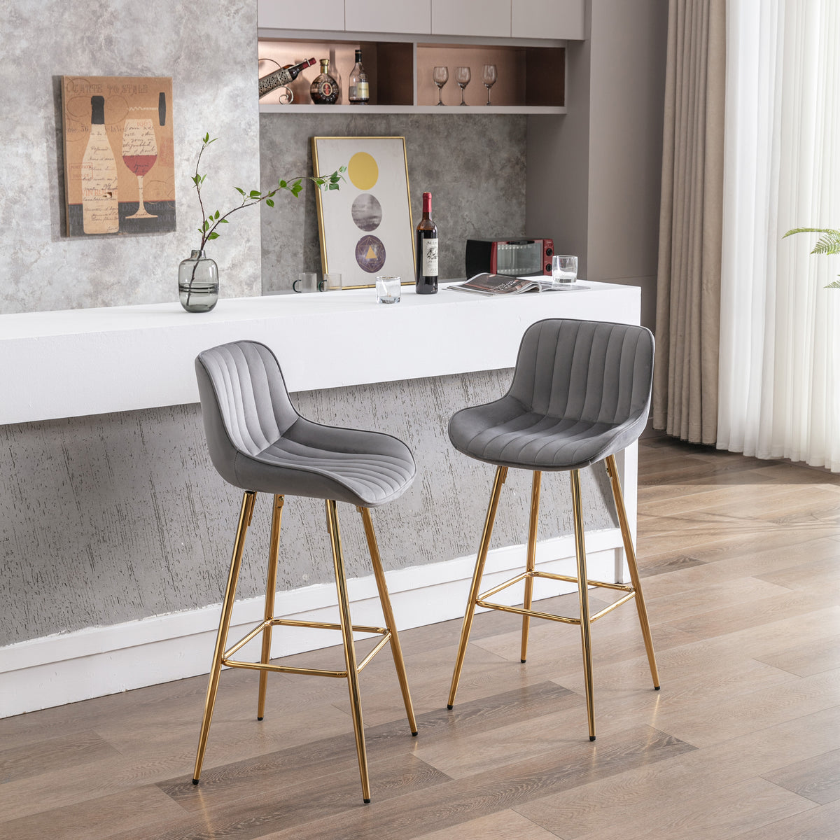 30 Inch Set Of 2 Bar Stools,With Chrome Footrest Velvet Fabric Counter Stool Golden Leg Simple High Bar Stool,Gray Gray Foam Fabric
