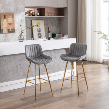 30 Inch Set Of 2 Bar Stools,With Chrome Footrest Velvet Fabric Counter Stool Golden Leg Simple High Bar Stool,Gray Gray Foam Fabric