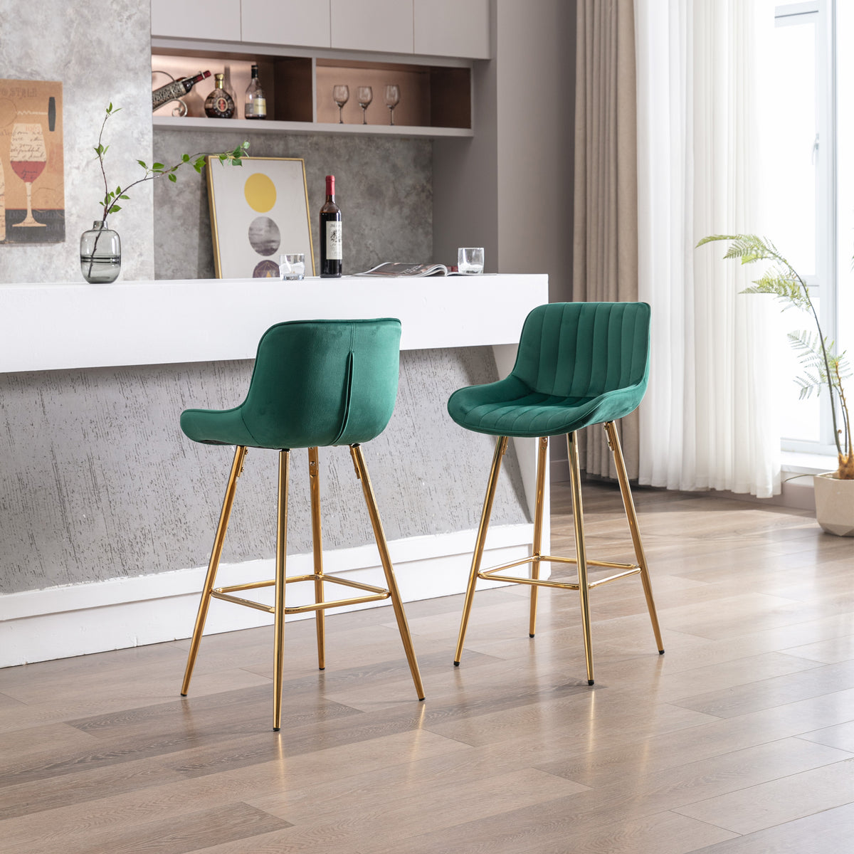 26 Inch Set Of 2 Bar Stools,With Chrome Footrest Velvet Fabric Counter Stool Golden Leg Simple Bar Stool,Green Green Foam Fabric