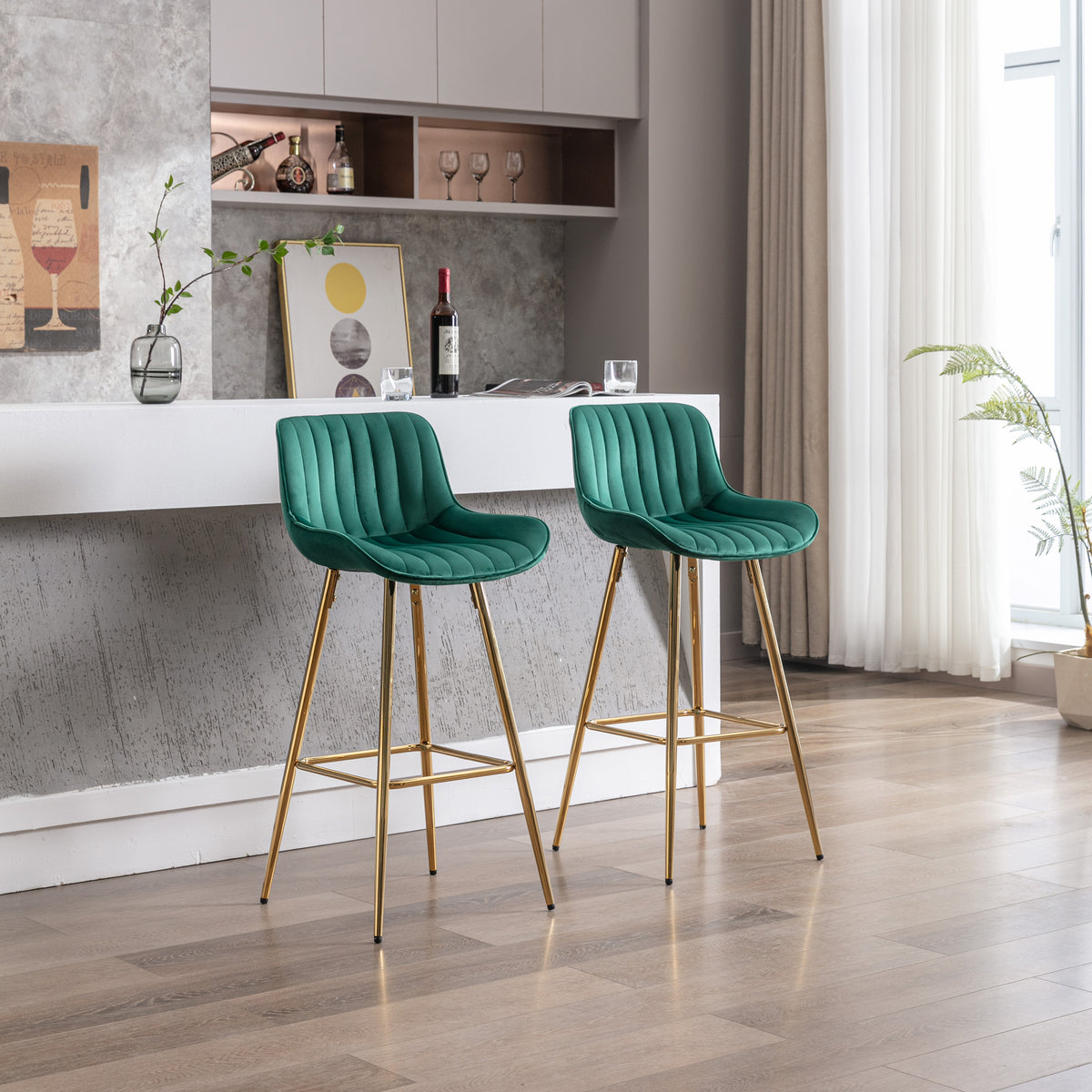 30 Inch Set Of 2 Bar Stools,With Chrome Footrest Velvet Fabric Counter Stool Golden Leg Simple High Bar Stool,Green Green Foam Fabric