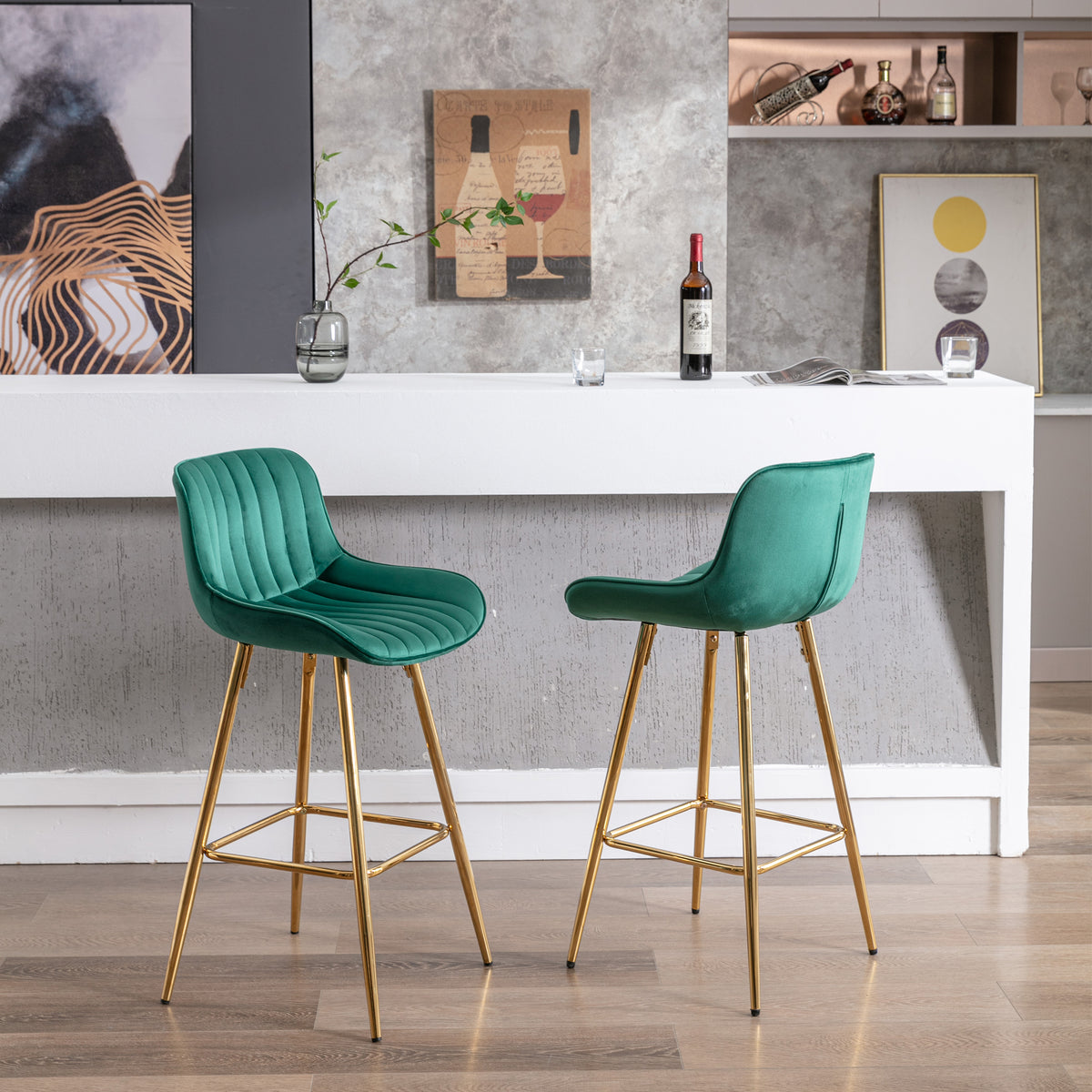 26 Inch Set Of 2 Bar Stools,With Chrome Footrest Velvet Fabric Counter Stool Golden Leg Simple Bar Stool,Green Green Foam Fabric