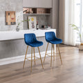 30 Inch Set Of 2 Bar Stools,With Chrome Footrest Velvet Fabric Counter Stool Golden Leg Simple High Bar Stool,Blue Blue Foam Fabric