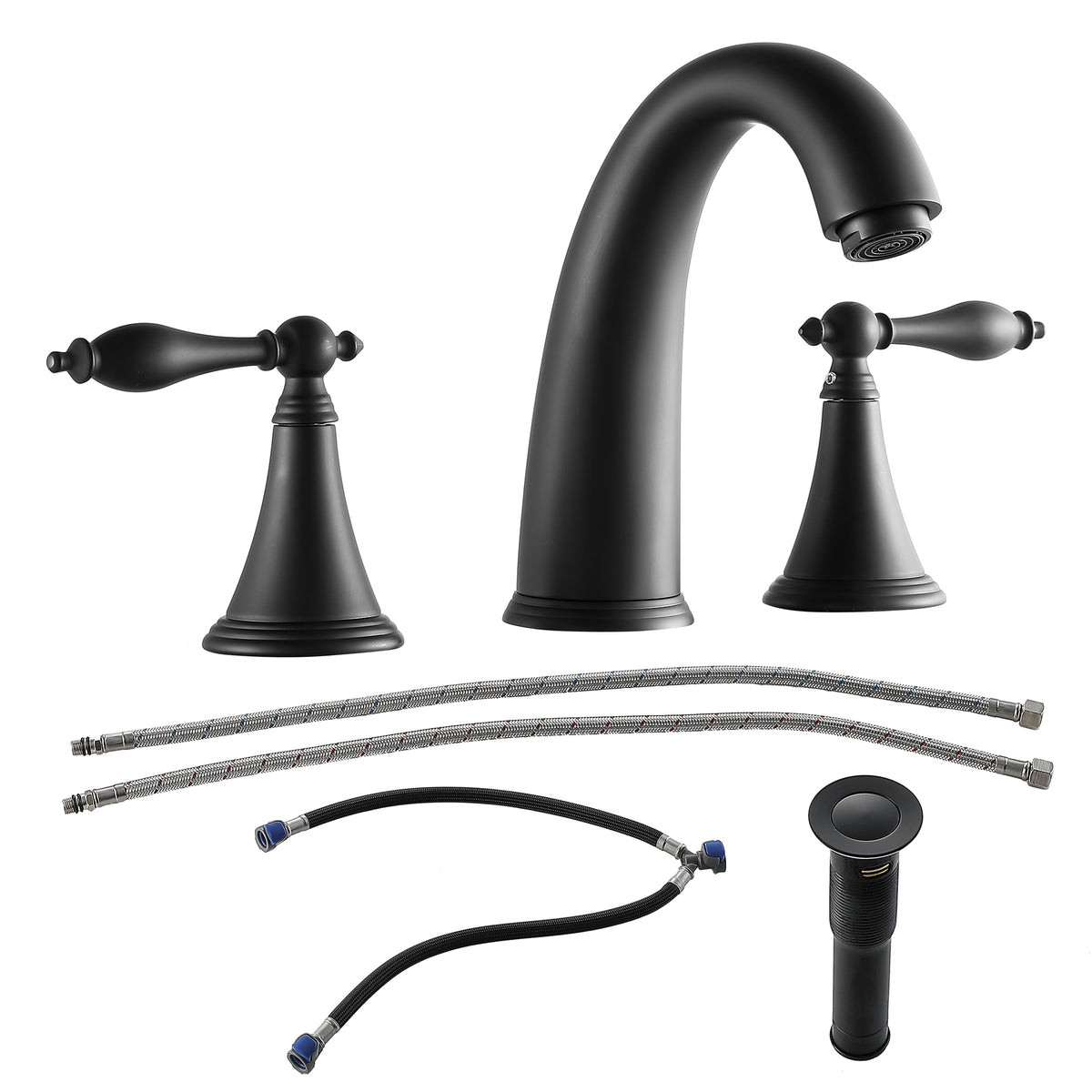 2 Handle Widespread Bathroom Faucet 3 Hole, With Pop Up Drain And 2 Water Supply Lines, Matte Black Matte Black Stainless Steel