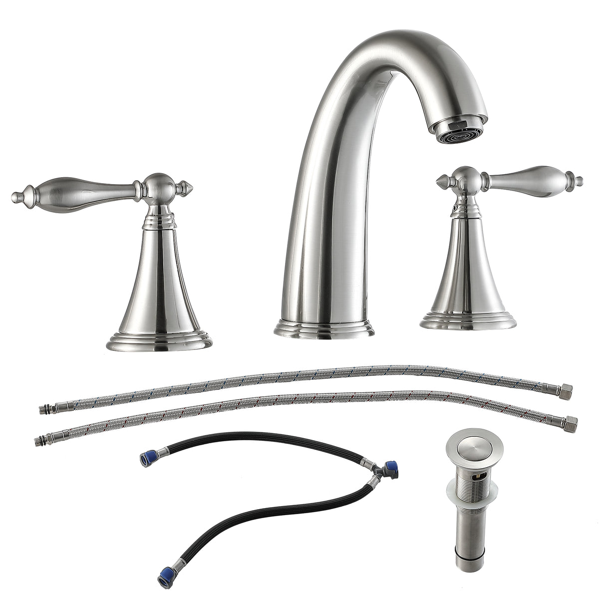 2 Handle Widespread Bathroom Faucet 3 Hole, With Pop Up Drain And 2 Water Supply Lines, Brushed Nickel Brushed Nickel Stainless Steel