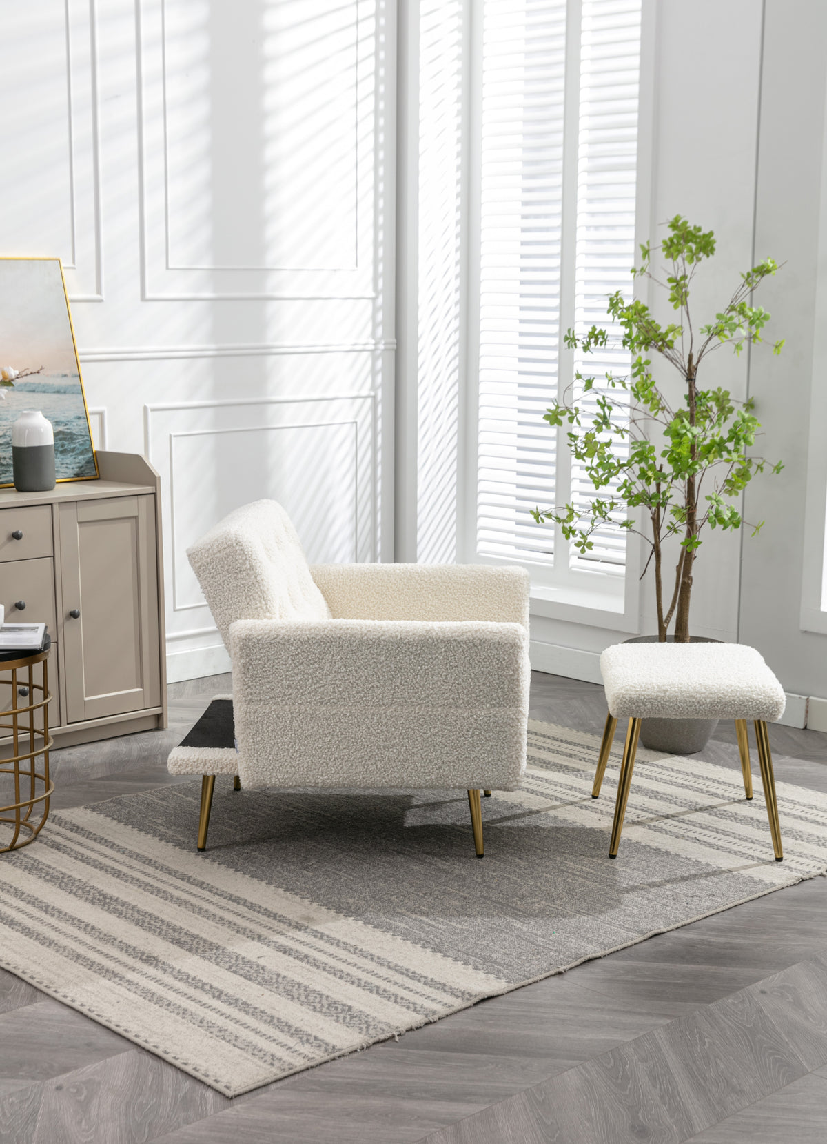 Coolmore Velvet Accent Chair With Adjustable Armrests And Backrest, Button Tufted Lounge Chair, Single Recliner Armchair With Ottoman White Teddy Metal