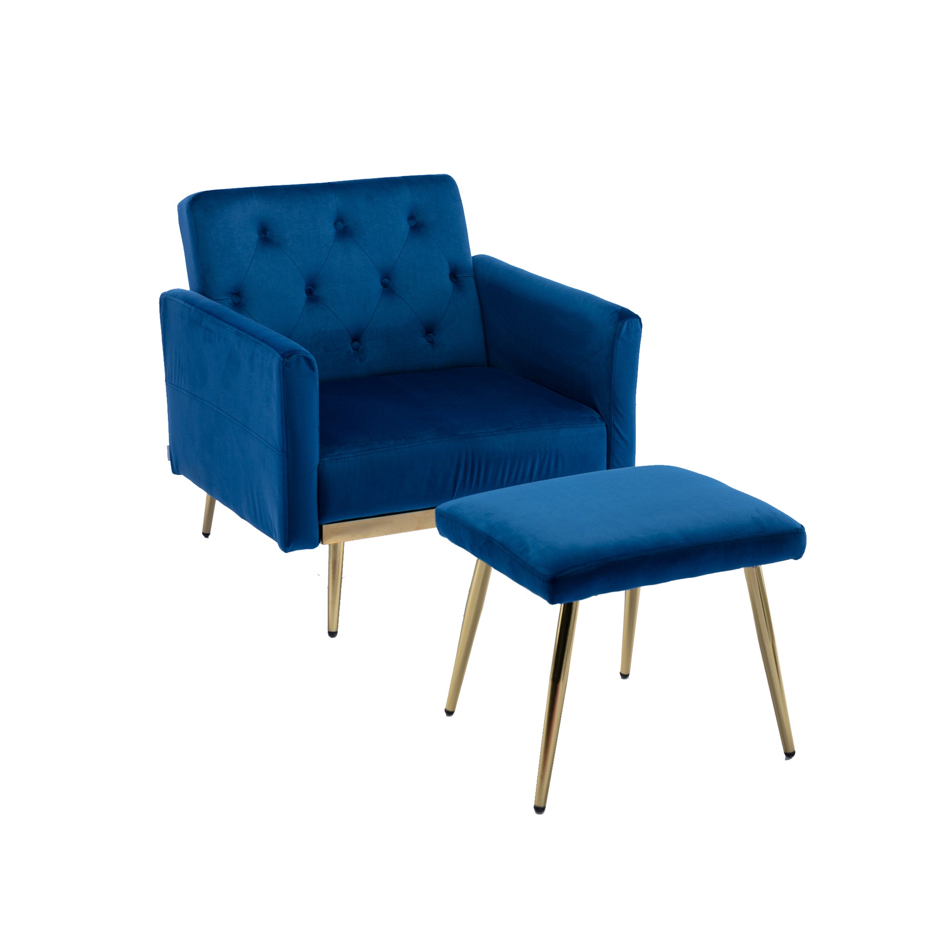 Coolmore Velvet Accent Chair With Adjustable Armrests And Backrest, Button Tufted Lounge Chair, Single Recliner Armchair With Ottoman Navy Metal