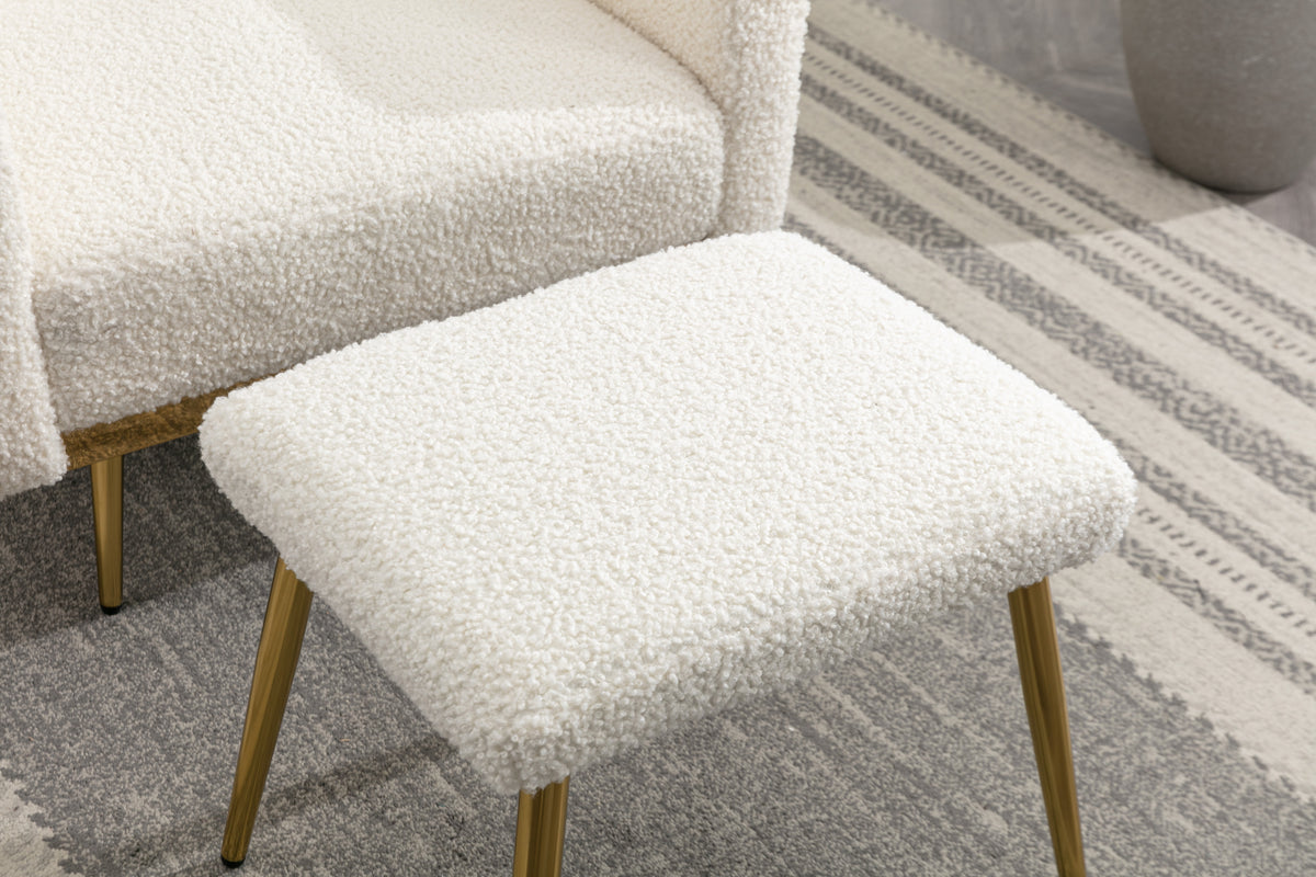 Coolmore Velvet Accent Chair With Adjustable Armrests And Backrest, Button Tufted Lounge Chair, Single Recliner Armchair With Ottoman White Teddy Metal