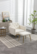 Coolmore Velvet Accent Chair With Adjustable Armrests And Backrest, Button Tufted Lounge Chair, Single Recliner Armchair With Ottoman White Teddy Metal