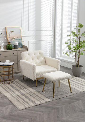 Coolmore Velvet Accent Chair With Adjustable Armrests And Backrest, Button Tufted Lounge Chair, Single Recliner Armchair With Ottoman White Teddy Metal