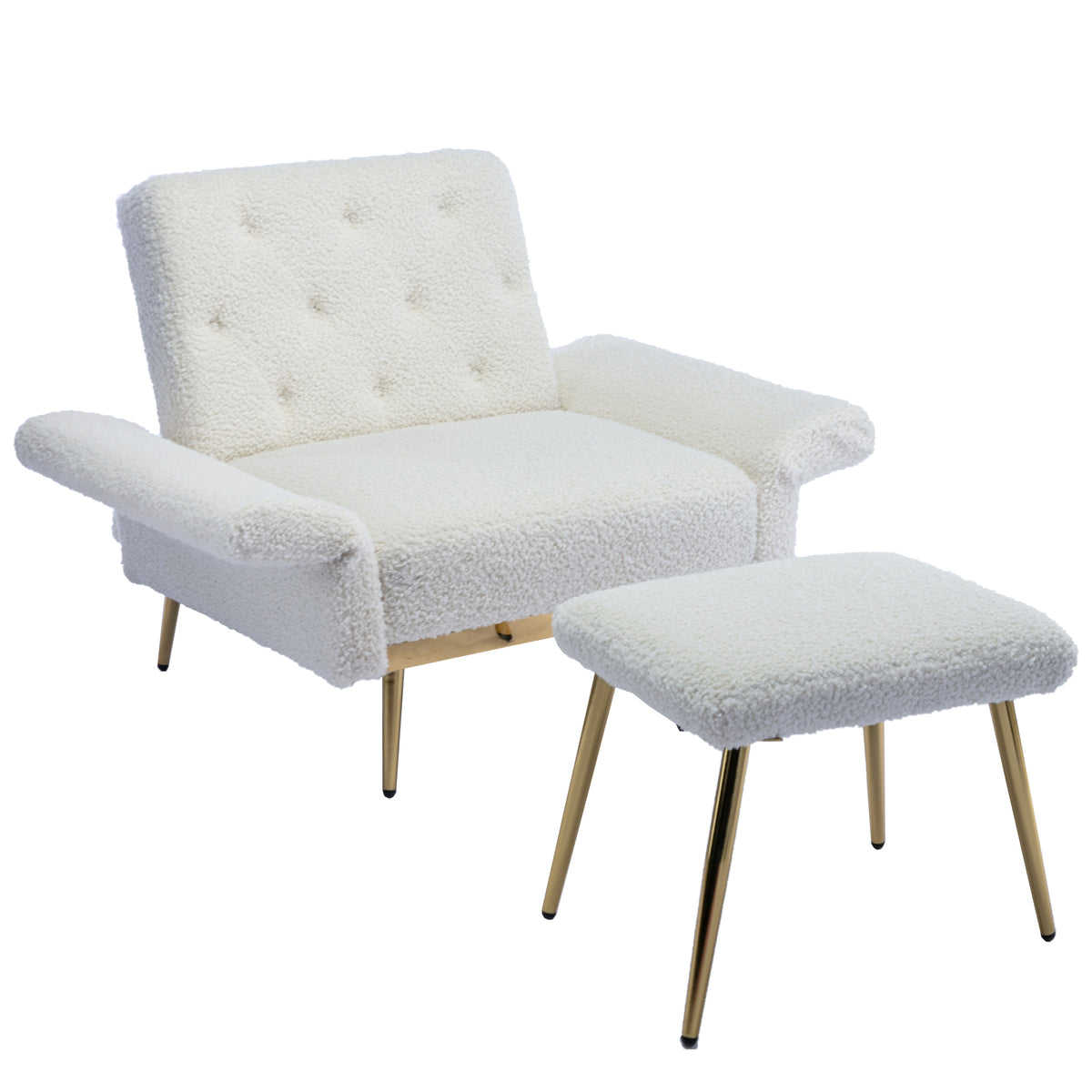 Coolmore Velvet Accent Chair With Adjustable Armrests And Backrest, Button Tufted Lounge Chair, Single Recliner Armchair With Ottoman White Teddy Metal