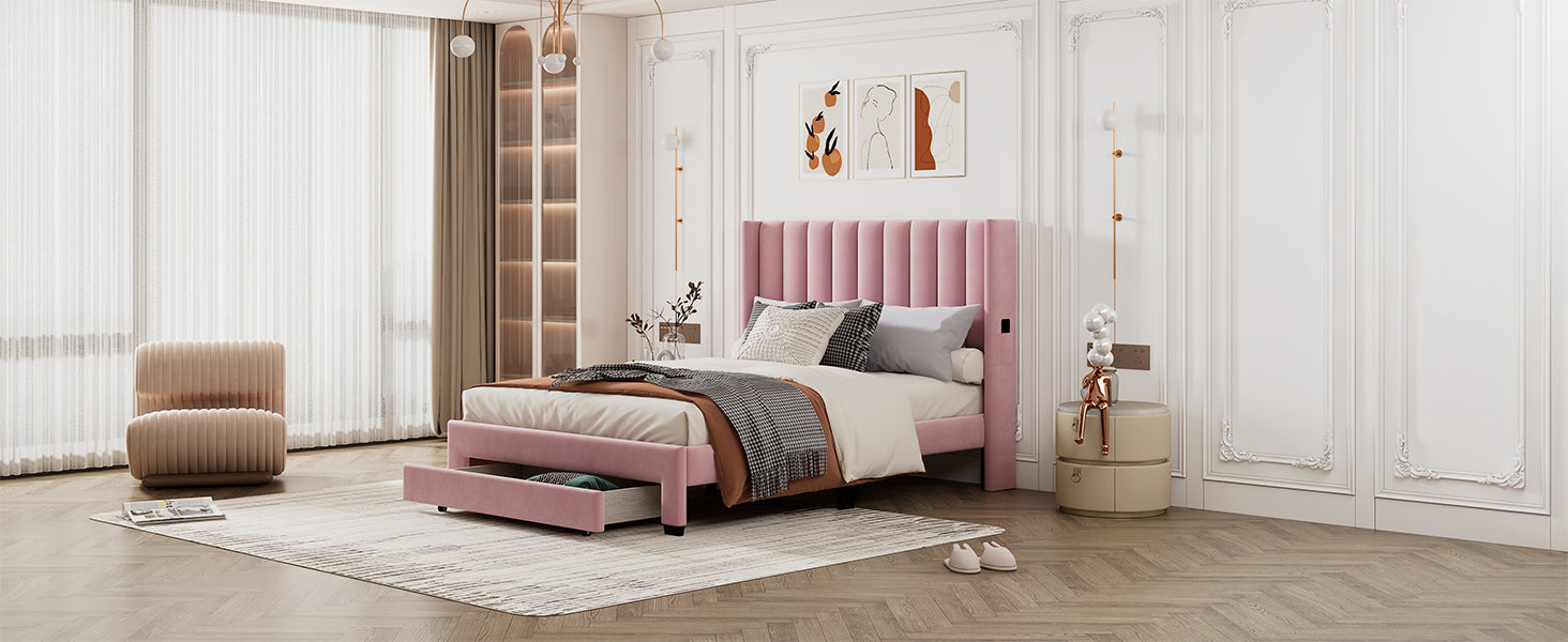 Queen Size Storage Bed Velvet Upholstered Platform Bed With A Big Drawer Pink Pink Velvet