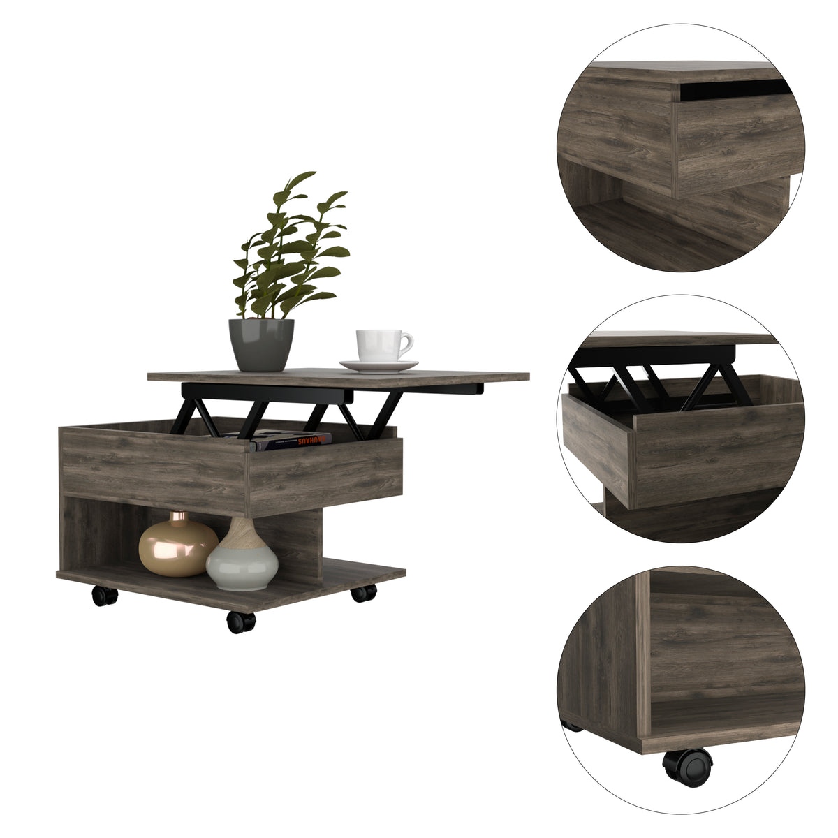 Dark Brown 1 Drawer 1 Shelf Lift Top Coffee Table Brown Particle Board