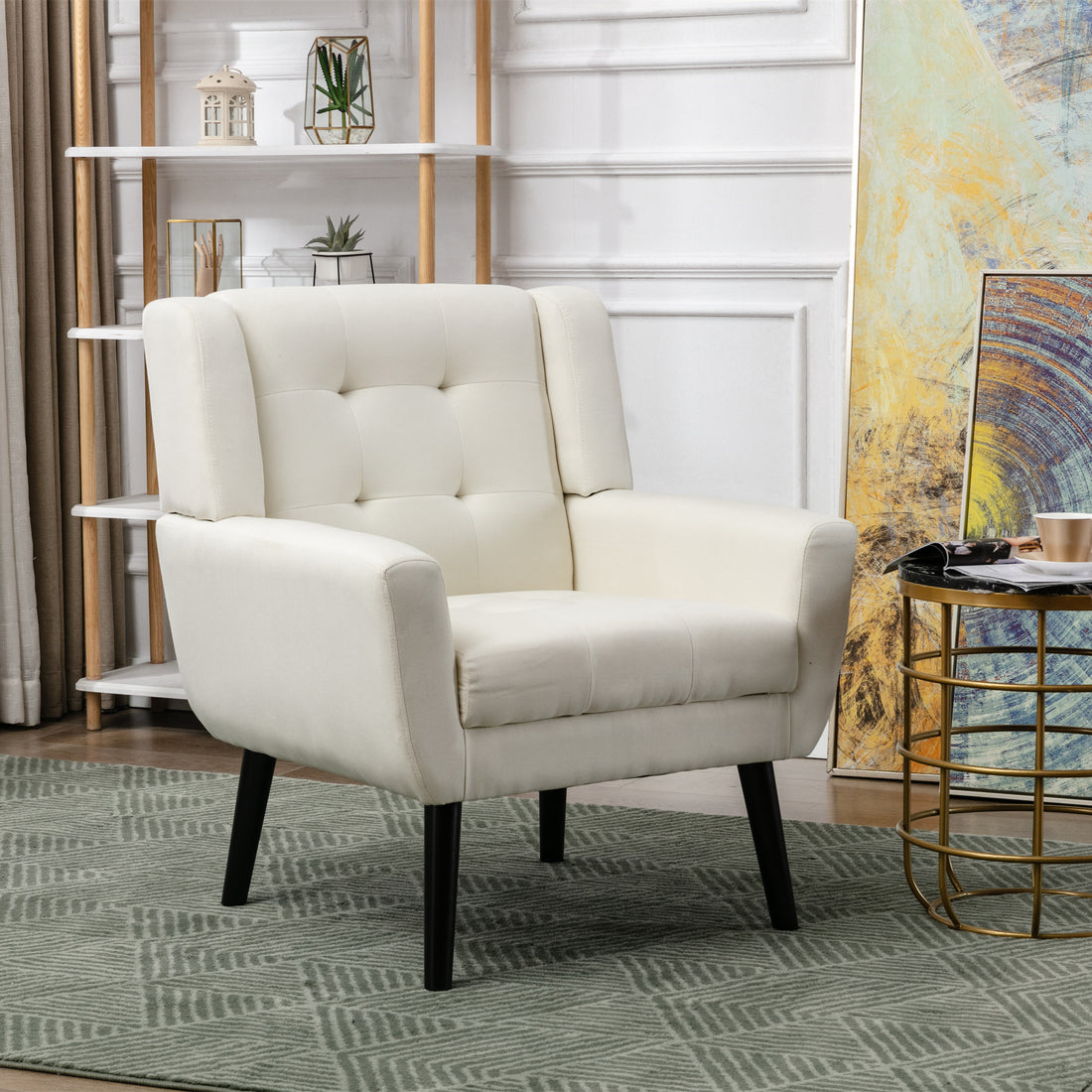 Modern Soft Linen Material Ergonomics Accent Chair Living Room Chair Bedroom Chair Home Chair With Black Legs For Indoor Home Beige Upholstered