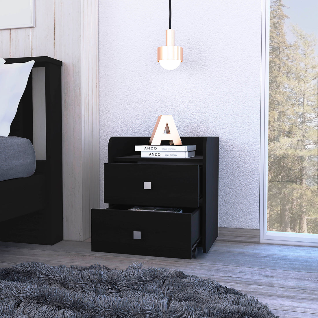 Lakewood 1 Shelf 2 Drawer Nightstand Black Wengue Black Particle Board