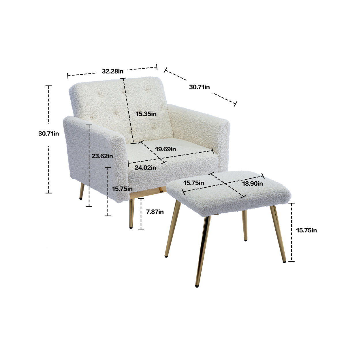 Coolmore Velvet Accent Chair With Adjustable Armrests And Backrest, Button Tufted Lounge Chair, Single Recliner Armchair With Ottoman White Teddy Metal
