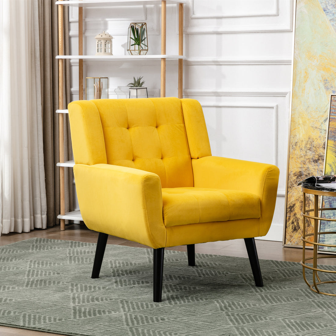 Modern Soft Velvet Material Ergonomics Accent Chair Living Room Chair Bedroom Chair Home Chair With Black Legs For Indoor Home Yellow Upholstered