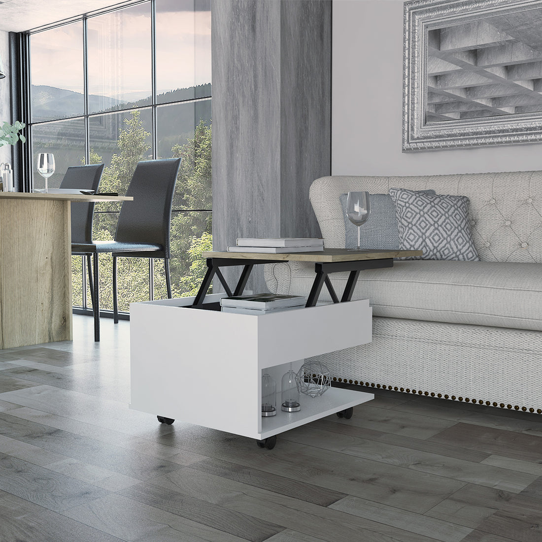 White And Light Oak 1 Drawer 1 Shelf Lift Top Coffee Table White Particle Board