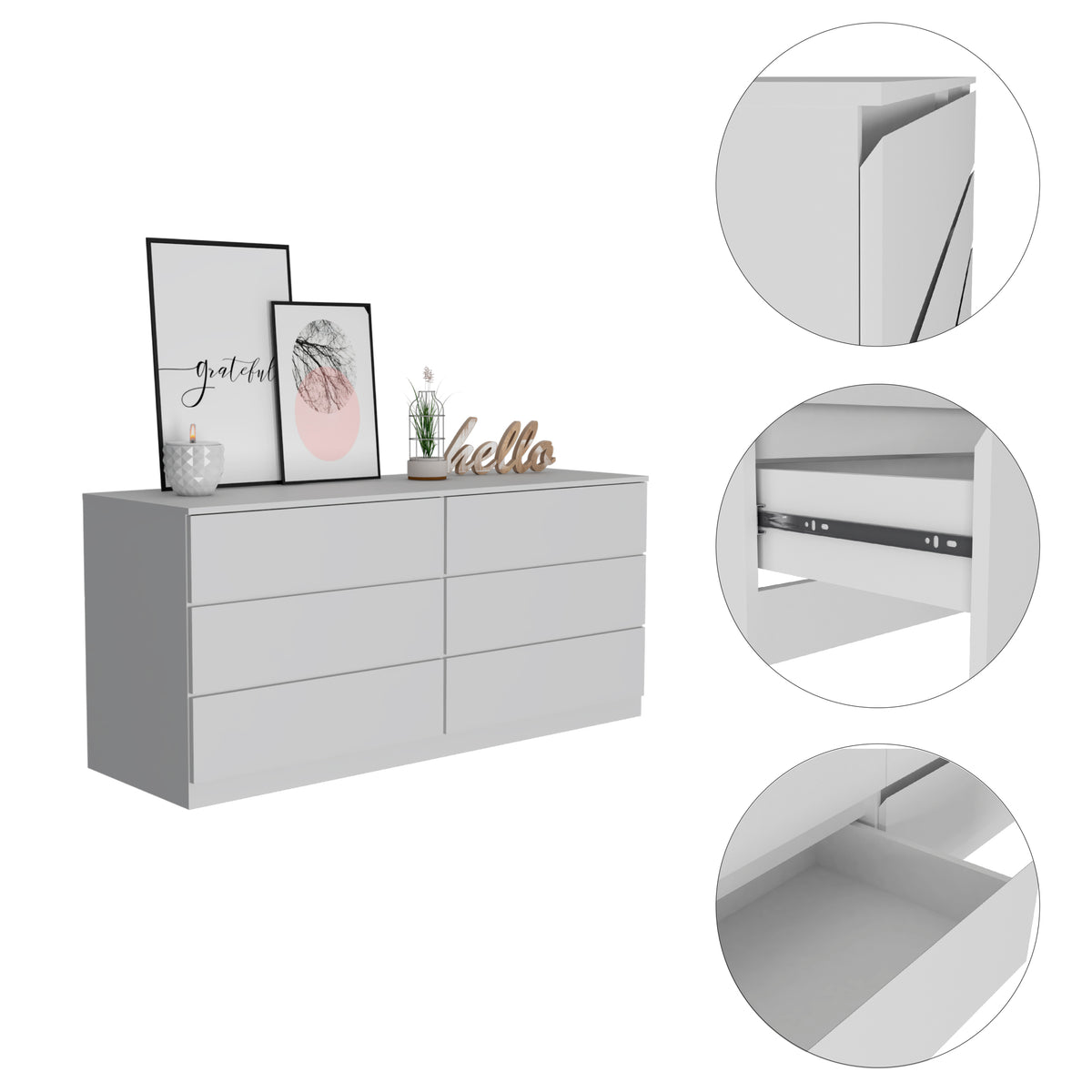 White 6 Drawer Rectangle Dresser White Particle Board