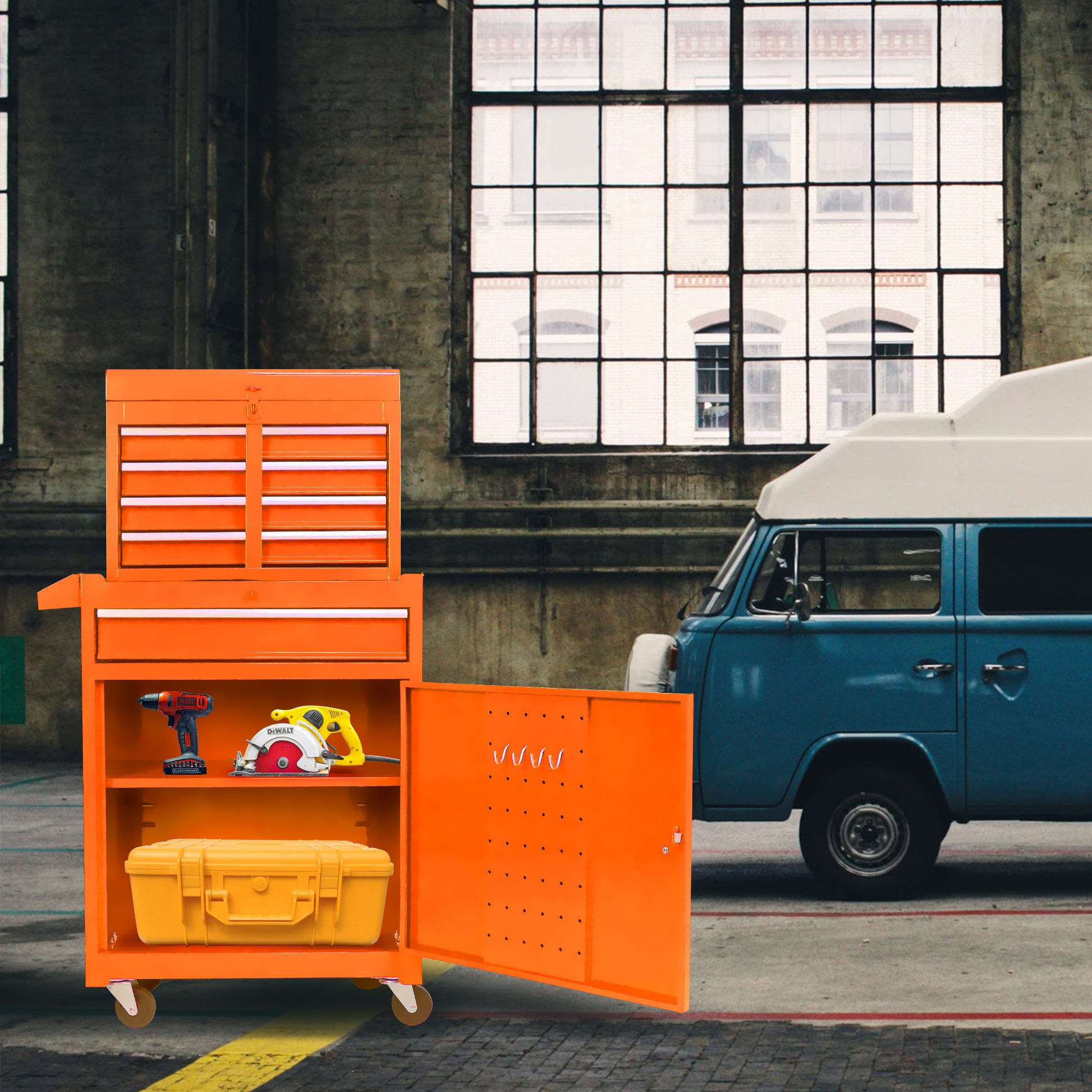 Detachable 5 Drawer Tool Chest With Bottom Cabinet And One Adjustable Shelf Orange Orange Metal