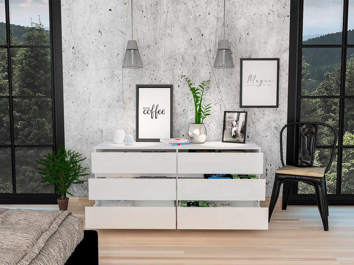 White 6 Drawer Rectangle Dresser White Particle Board