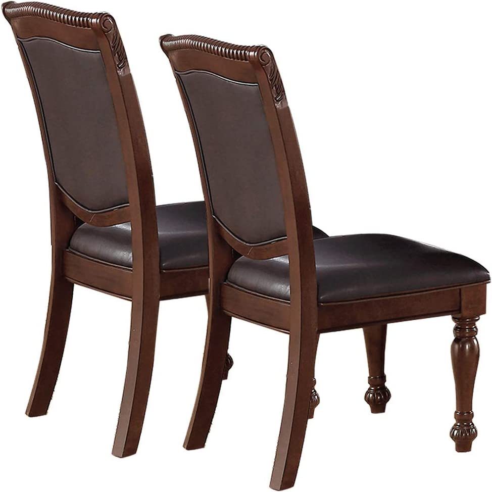 Majestic Classic Formal Dining Room Table And 4X Side Chairs Brown 5Pc Set Dining Table Pedestal Base Round Table Faux Leather Brown Brown Dining Room Luxury,Traditional Rubberwood Rubber Wood