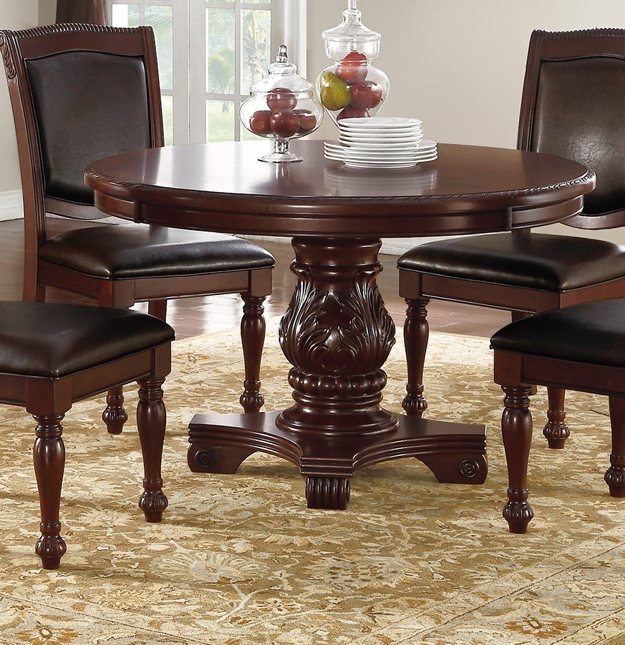Majestic Classic Formal Dining Room Table And 4X Side Chairs Brown 5Pc Set Dining Table Pedestal Base Round Table Faux Leather Brown Brown Dining Room Luxury,Traditional Rubberwood Rubber Wood