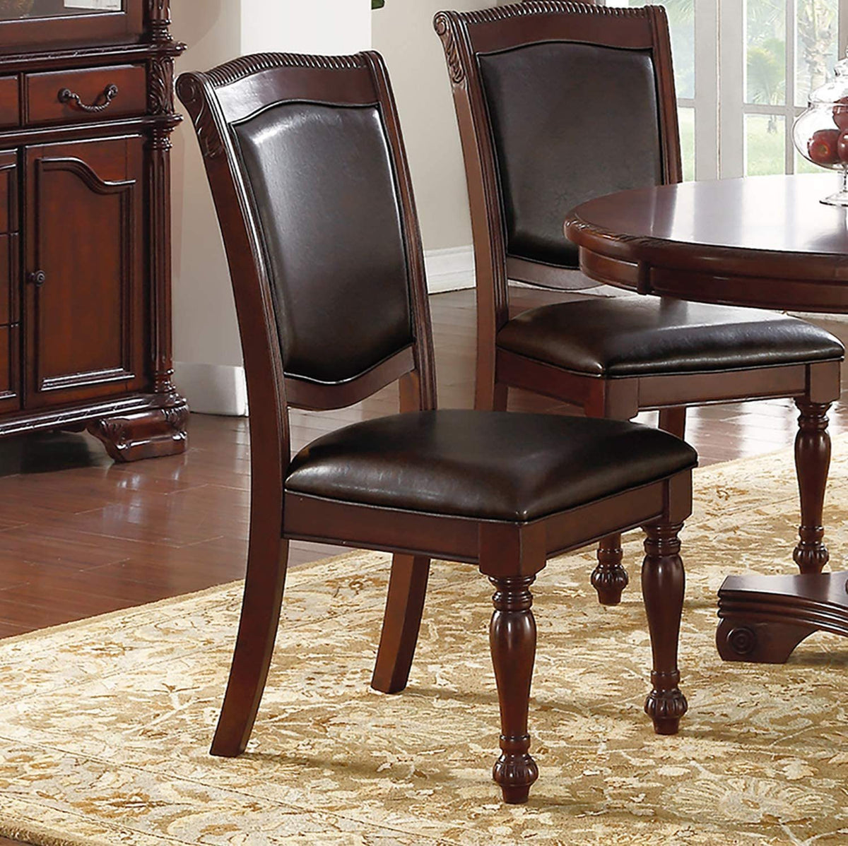 Majestic Classic Formal Dining Room Table And 4X Side Chairs Brown 5Pc Set Dining Table Pedestal Base Round Table Faux Leather Brown Brown Dining Room Luxury,Traditional Rubberwood Rubber Wood
