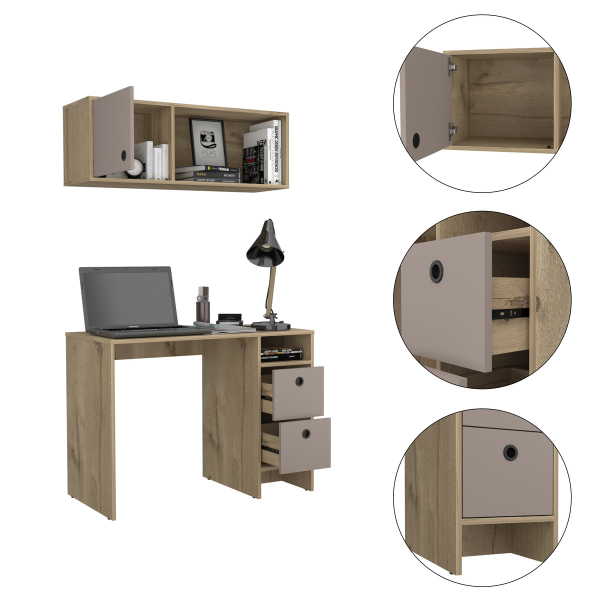 Light Oak And Taupe 2 Shelf 3 Drawer 2 Piece Office Set Light Oak Particle Board