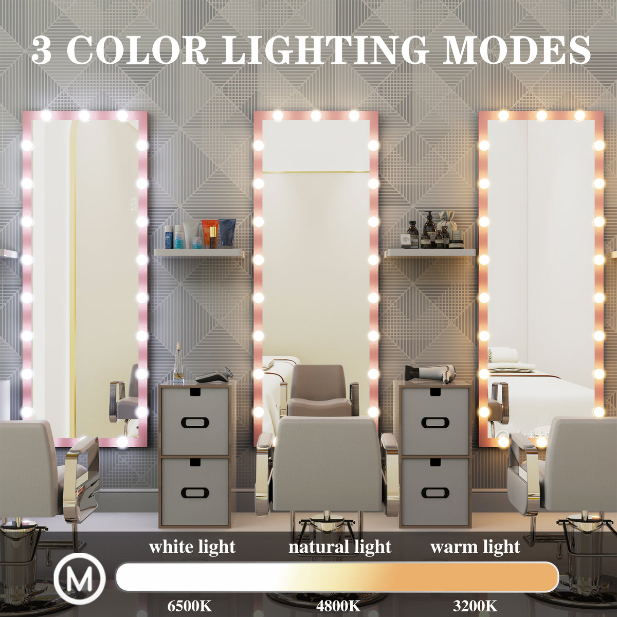 Hollywood Full Length Mirror With Lights Full Body Vanity Mirror With 3 Color Modes Wall Lighted Standing Floor Mirror For Dressing Room Bedroom Hotel Touch Control Pink 62.6"X23.3" Pink Aluminium