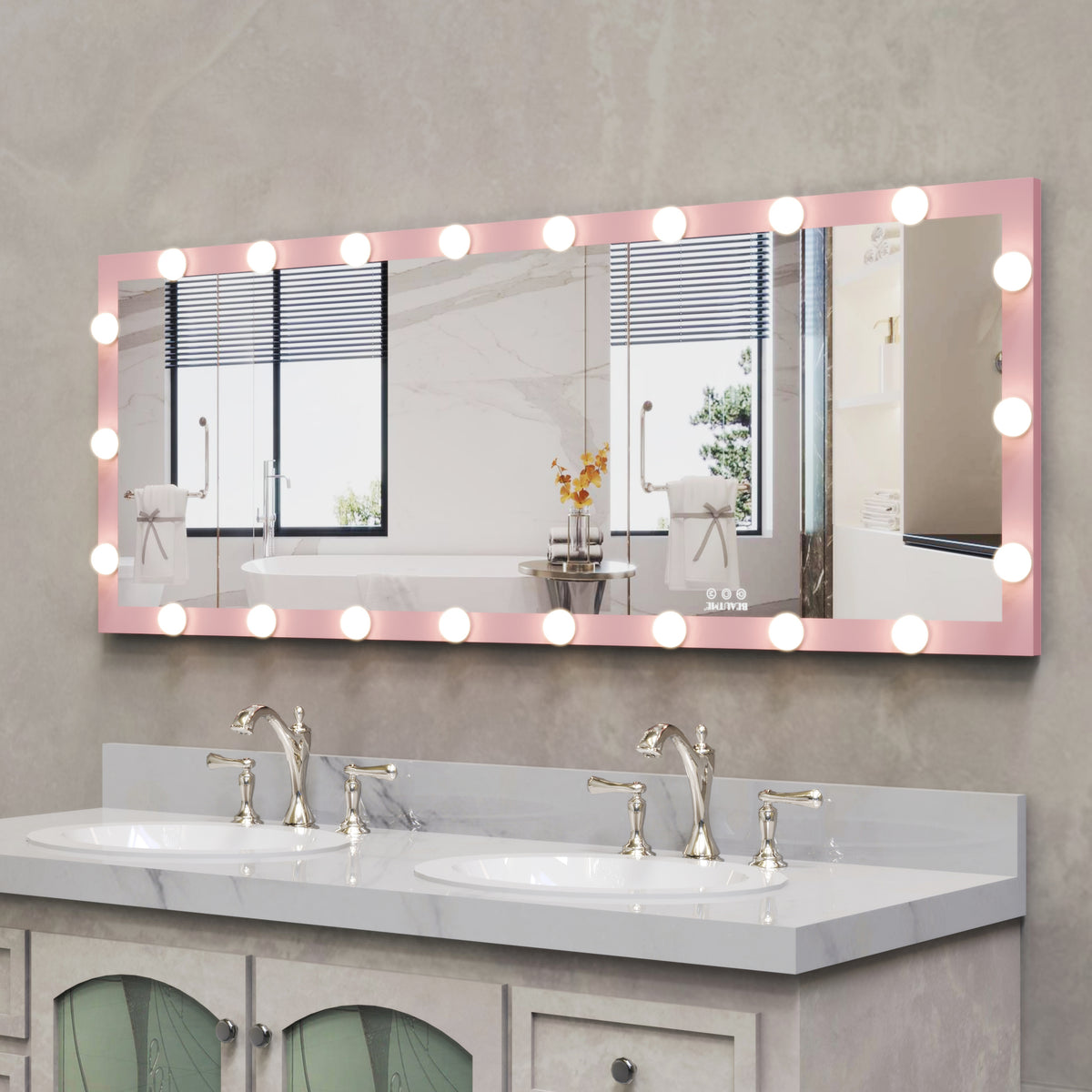 Hollywood Full Length Mirror With Lights Full Body Vanity Mirror With 3 Color Modes Wall Lighted Standing Floor Mirror For Dressing Room Bedroom Hotel Touch Control Pink 62.6"X23.3" Pink Aluminium