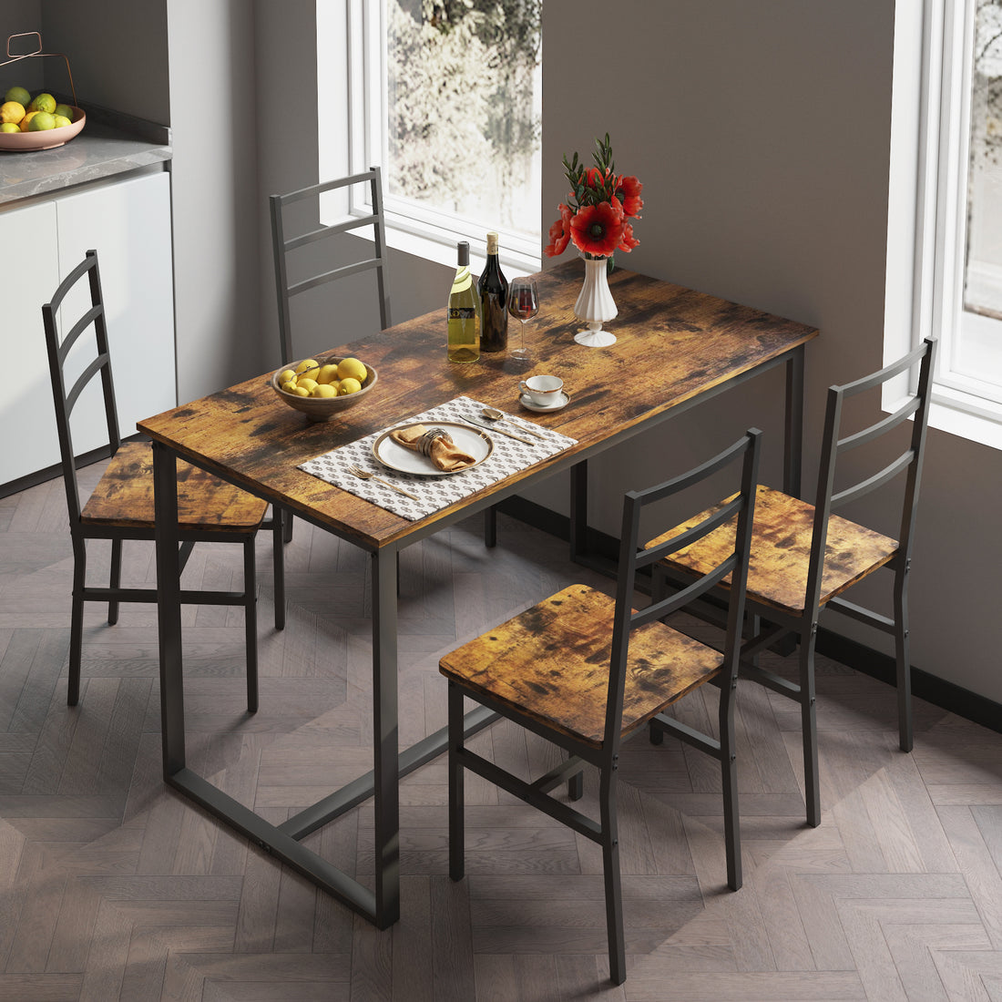 Five Piece Set Table And Chair With Backrest, Industrial Style, Solid Structure Brown Mdf