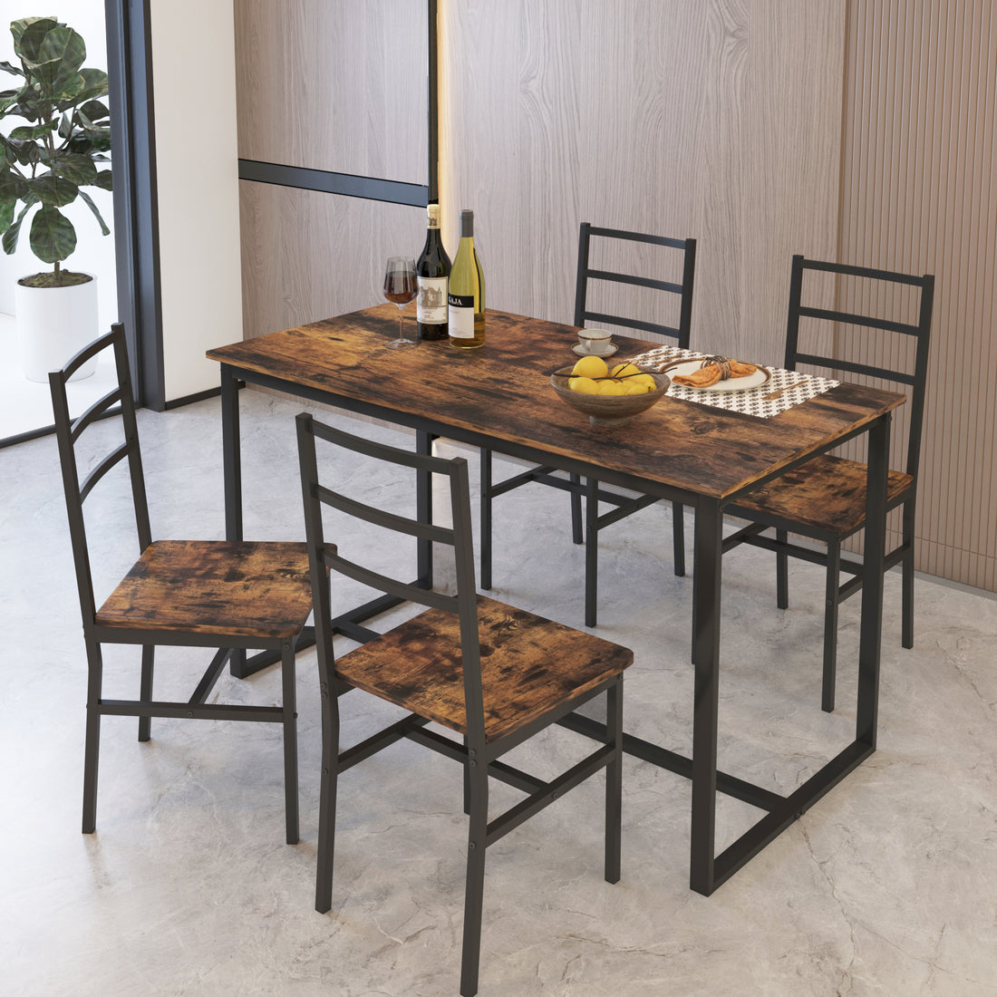 Five Piece Set Table And Chair With Backrest, Industrial Style, Solid Structure Brown Mdf