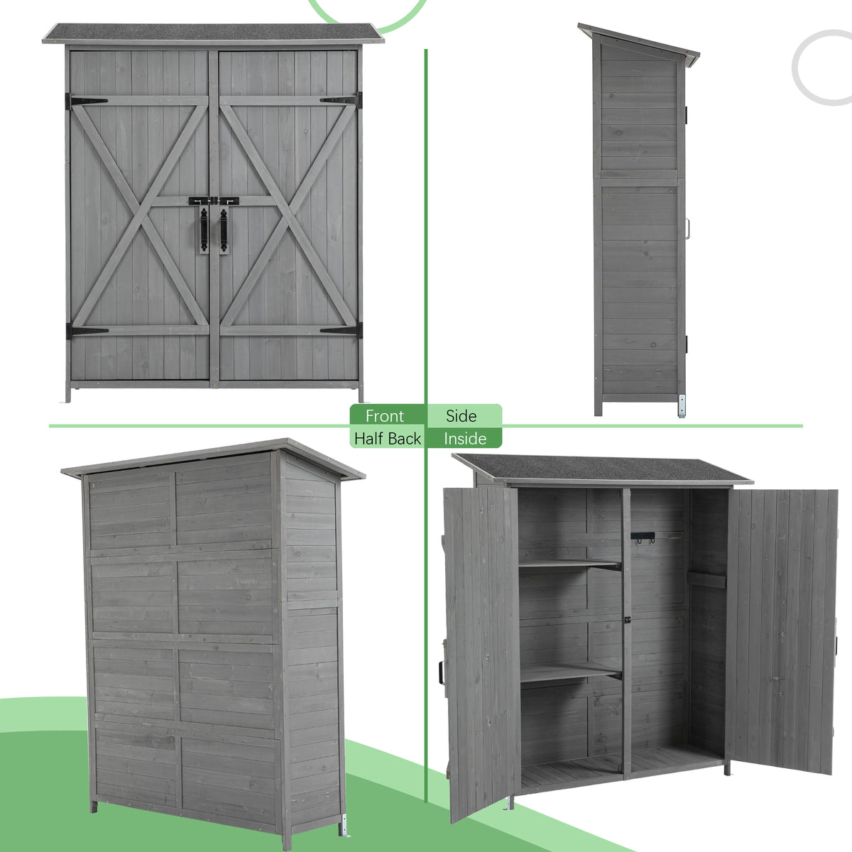 56"L X 19.5"W X 64"H Outdoor Storage Shed With Lockable Door, Wooden Tool Storage Shed W Detachable Shelves & Pitch Roof,Gray Aqua Grey Solid Wood