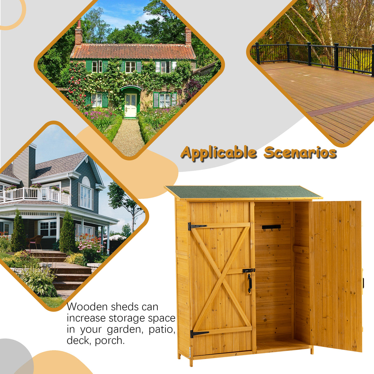 56"L X 19.5"W X 64"H Outdoor Storage Shed With Lockable Door, Wooden Tool Storage Shed W Detachable Shelves & Pitch Roof, Natural Natural Solid Wood